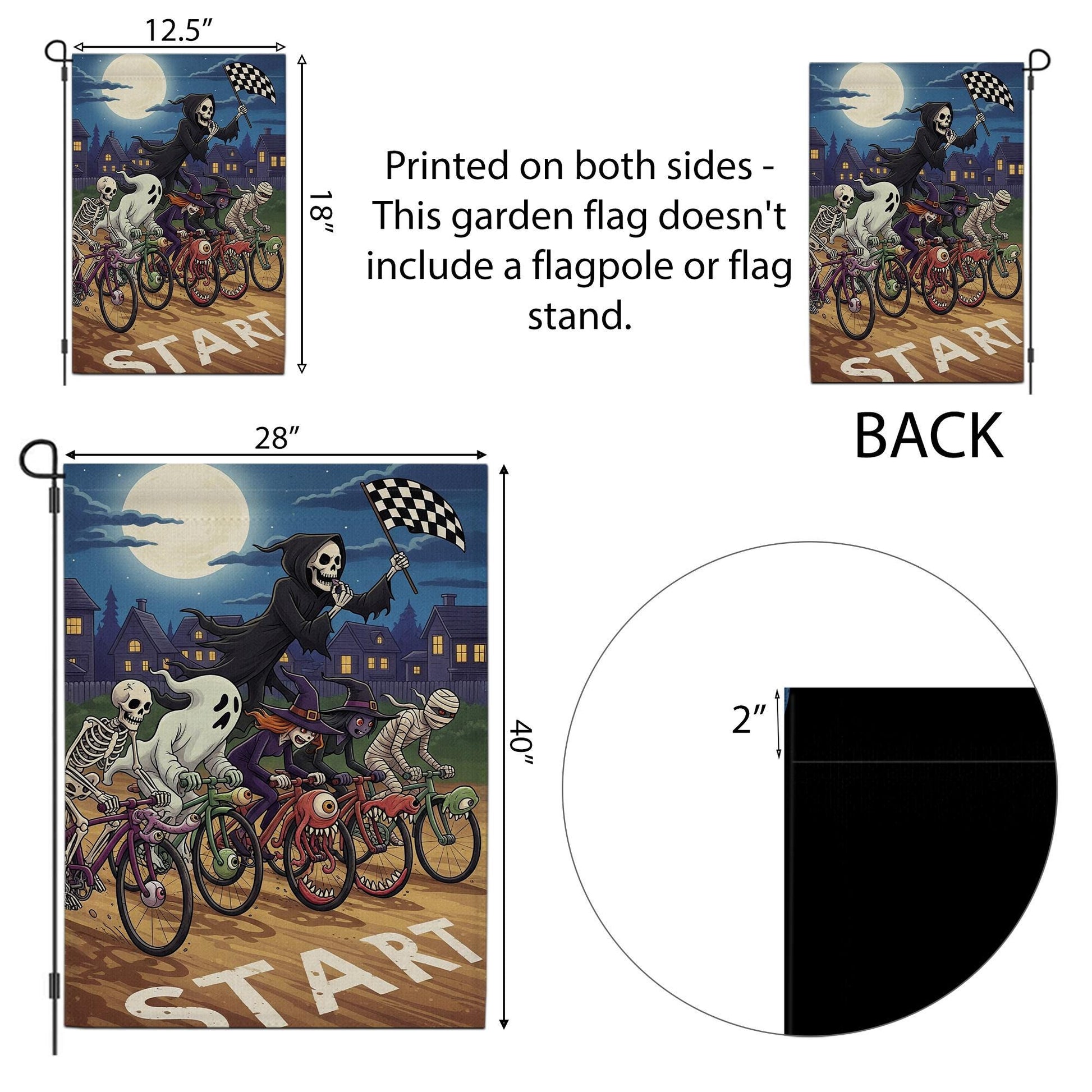 Halloween Bicycle Race Flag – Spooky Skeleton Ghost Witch Monster Bike Racing Garden Flag, Funny Outdoor Halloween Decor