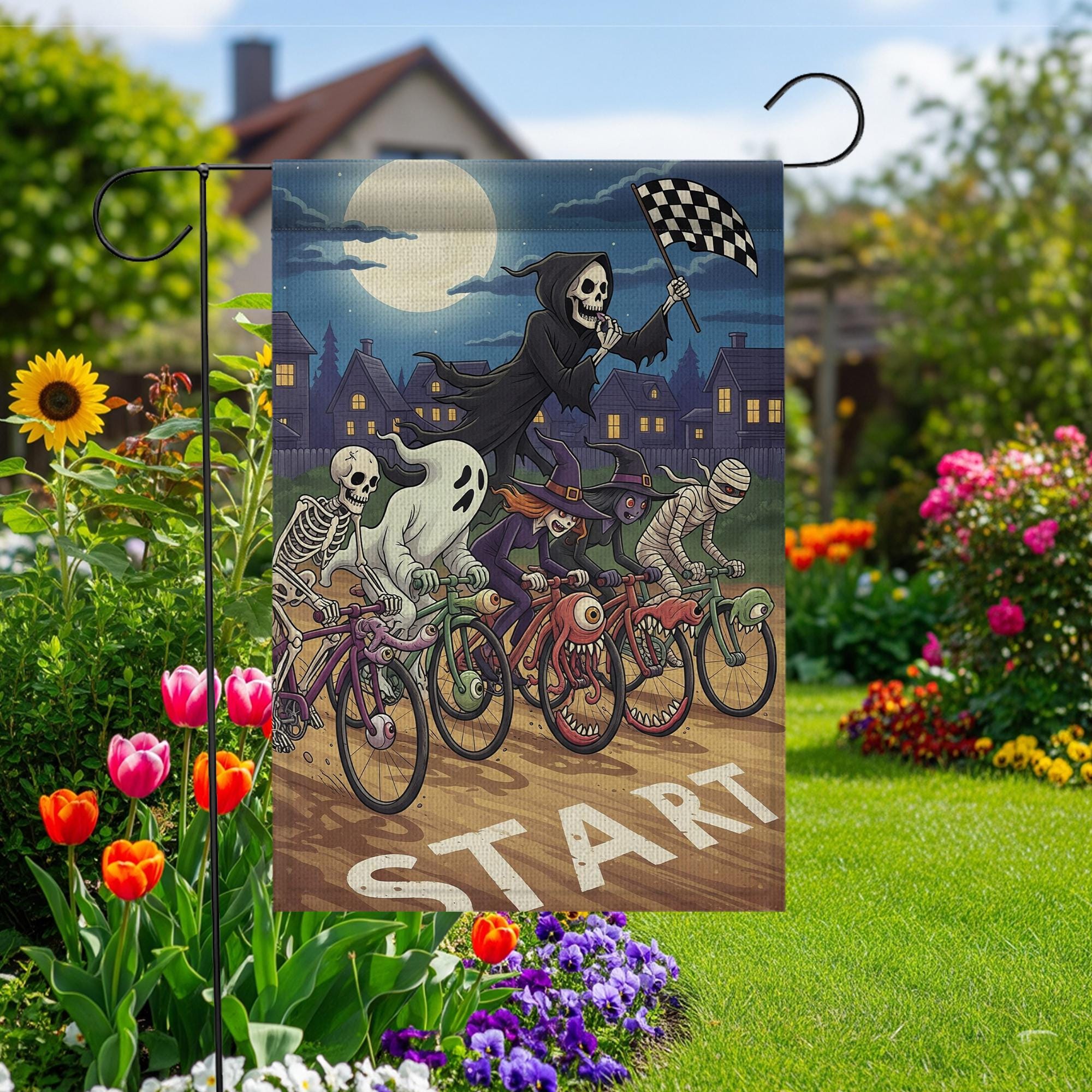 Halloween Bicycle Race Flag – Spooky Skeleton Ghost Witch Monster Bike Racing Garden Flag, Funny Outdoor Halloween Decor