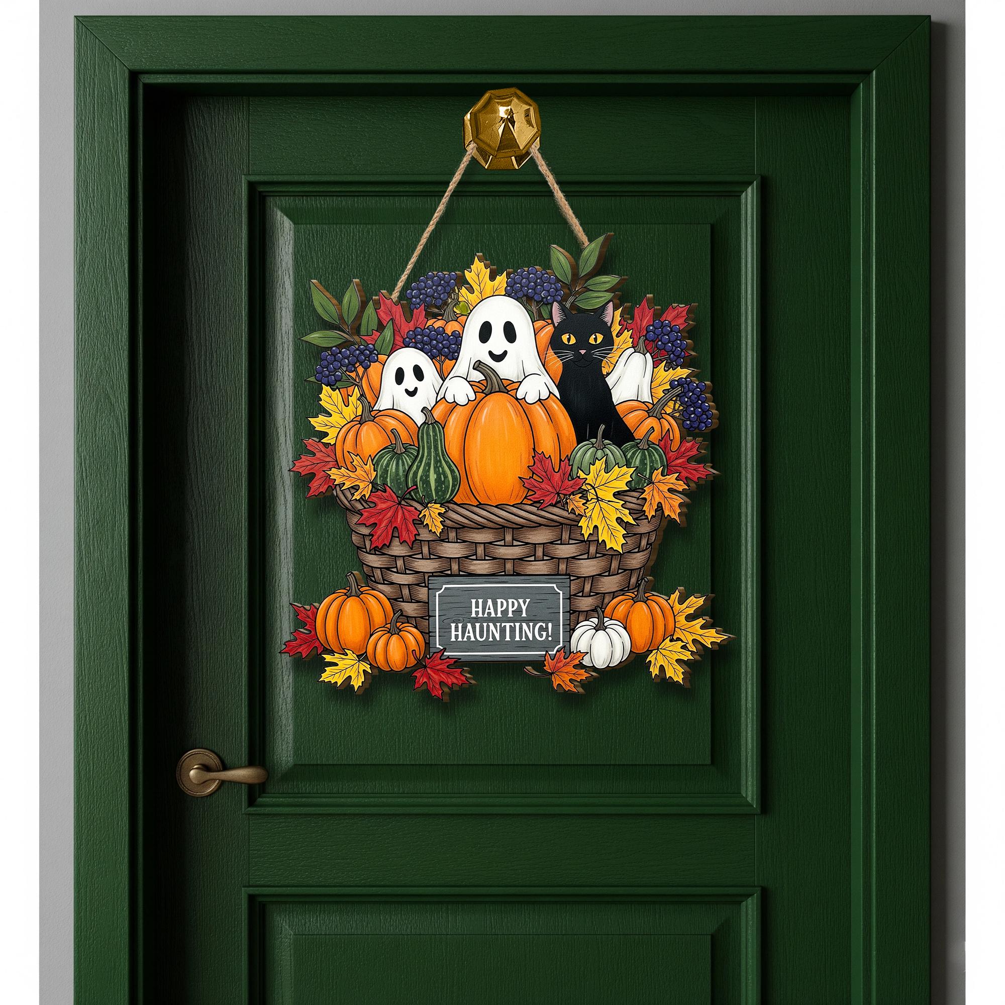 Happy Haunting Wooden Door Sign – Halloween Ghost Pumpkin Black Cat Fall Basket Wall Decor, Autumn Porch Welcome Sign