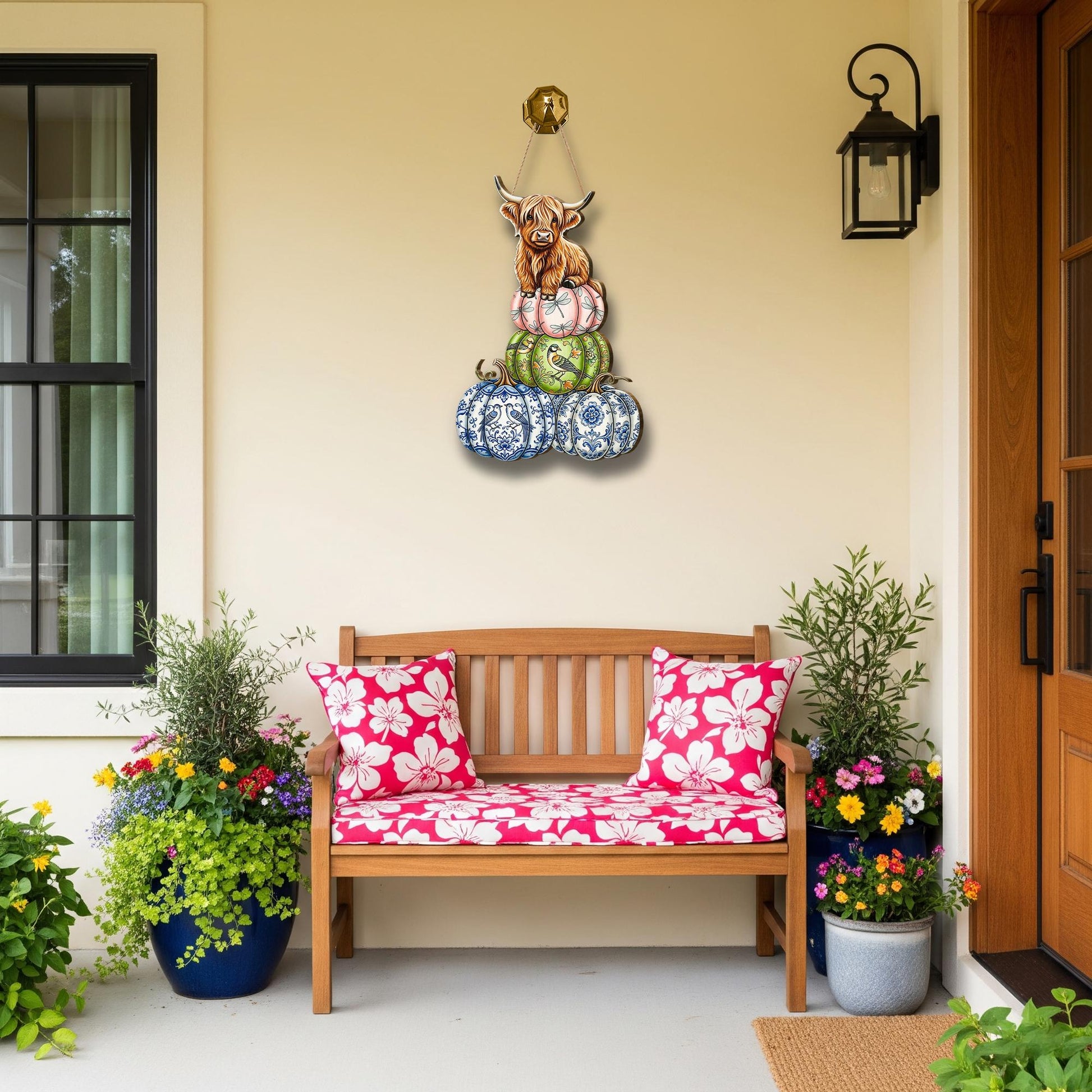 Highland Cow Pumpkin Wooden Door Sign – Fall Farmhouse Wall Decor, Rustic Cow Autumn Porch Sign, Country Pumpkin Stack Art