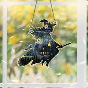 Witch Suncatcher with Cabin and Forest | Halloween Window Hanging Decor | Stained Glass Style Witch Ornament Gift for Spooky Lovers