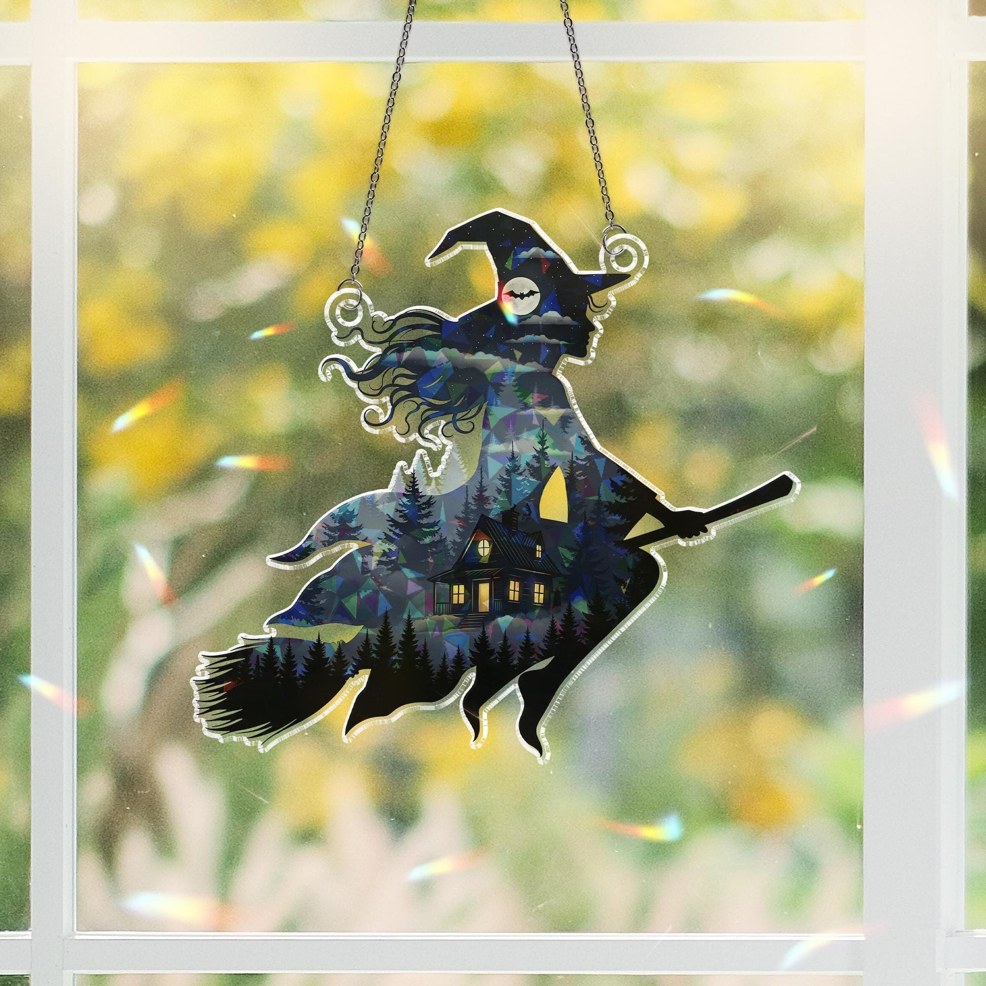 Witch Suncatcher with Cabin and Forest | Halloween Window Hanging Decor | Stained Glass Style Witch Ornament Gift for Spooky Lovers