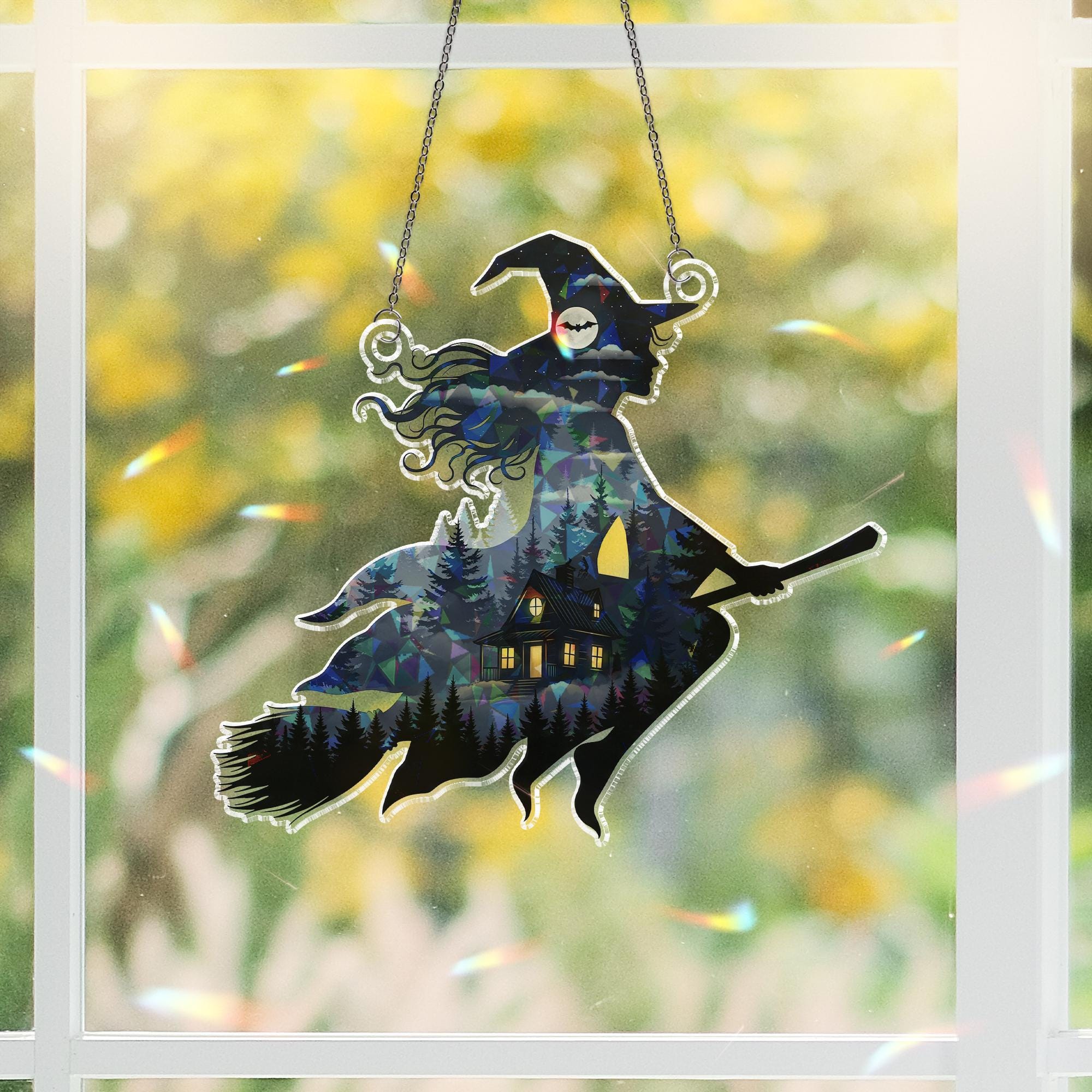 Witch Suncatcher with Cabin and Forest | Halloween Window Hanging Decor | Stained Glass Style Witch Ornament Gift for Spooky Lovers
