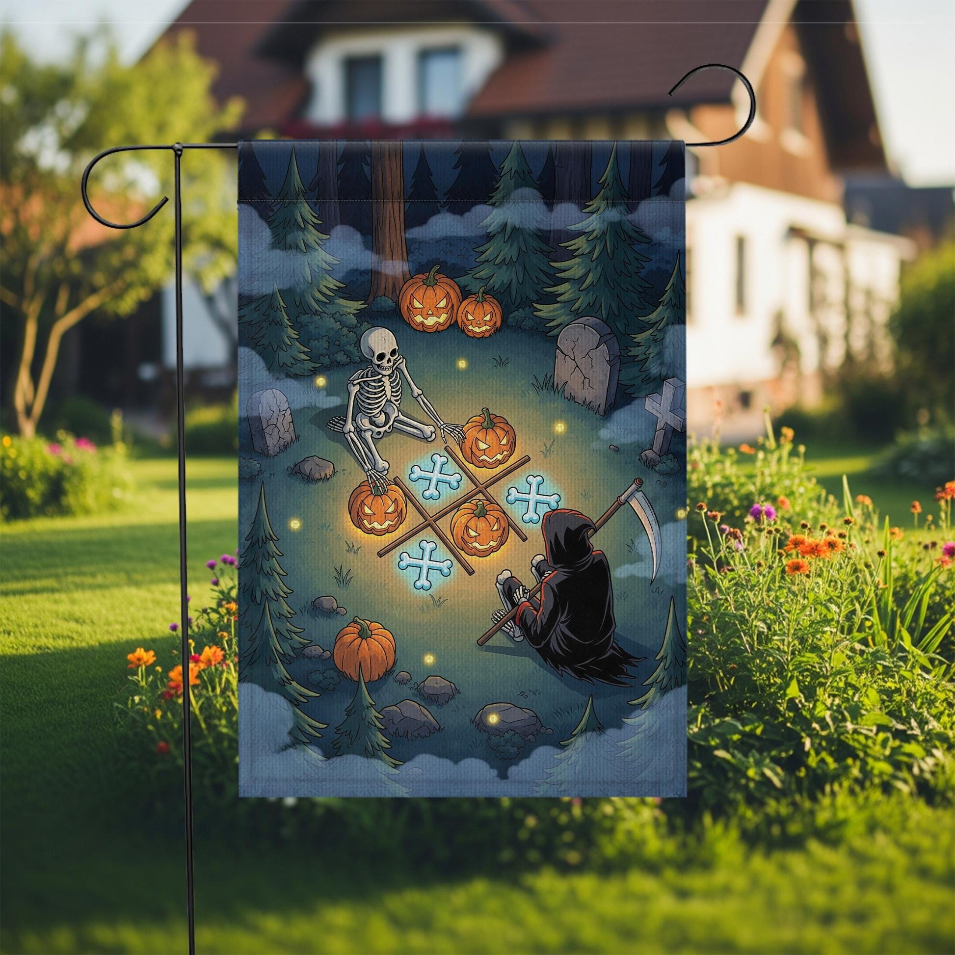 Halloween Garden Flag Grim Reaper & Skeleton | Funny Spooky Yard Decor | Fall Outdoor Graveyard Scene with Pumpkins