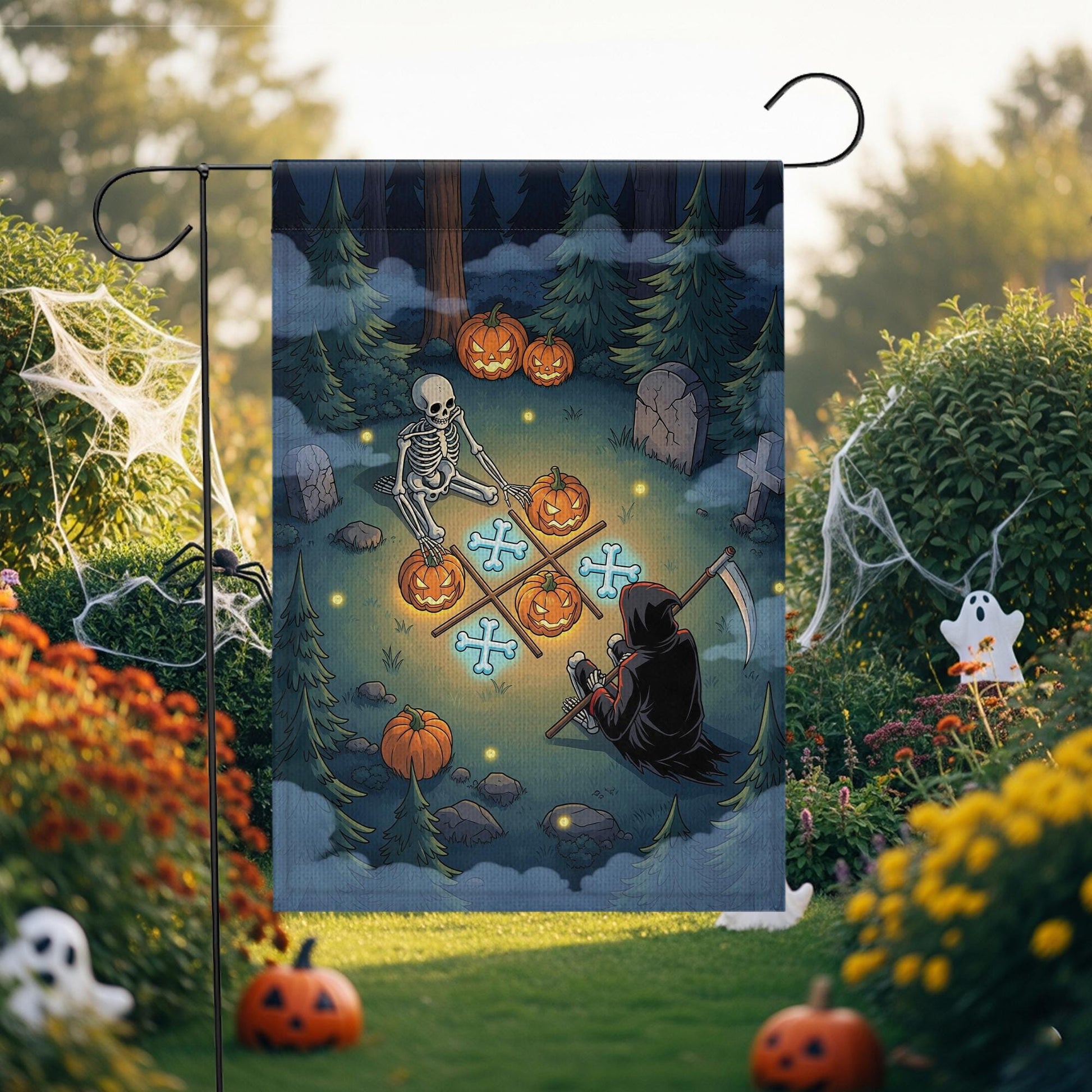 Halloween Garden Flag Grim Reaper & Skeleton | Funny Spooky Yard Decor | Fall Outdoor Graveyard Scene with Pumpkins