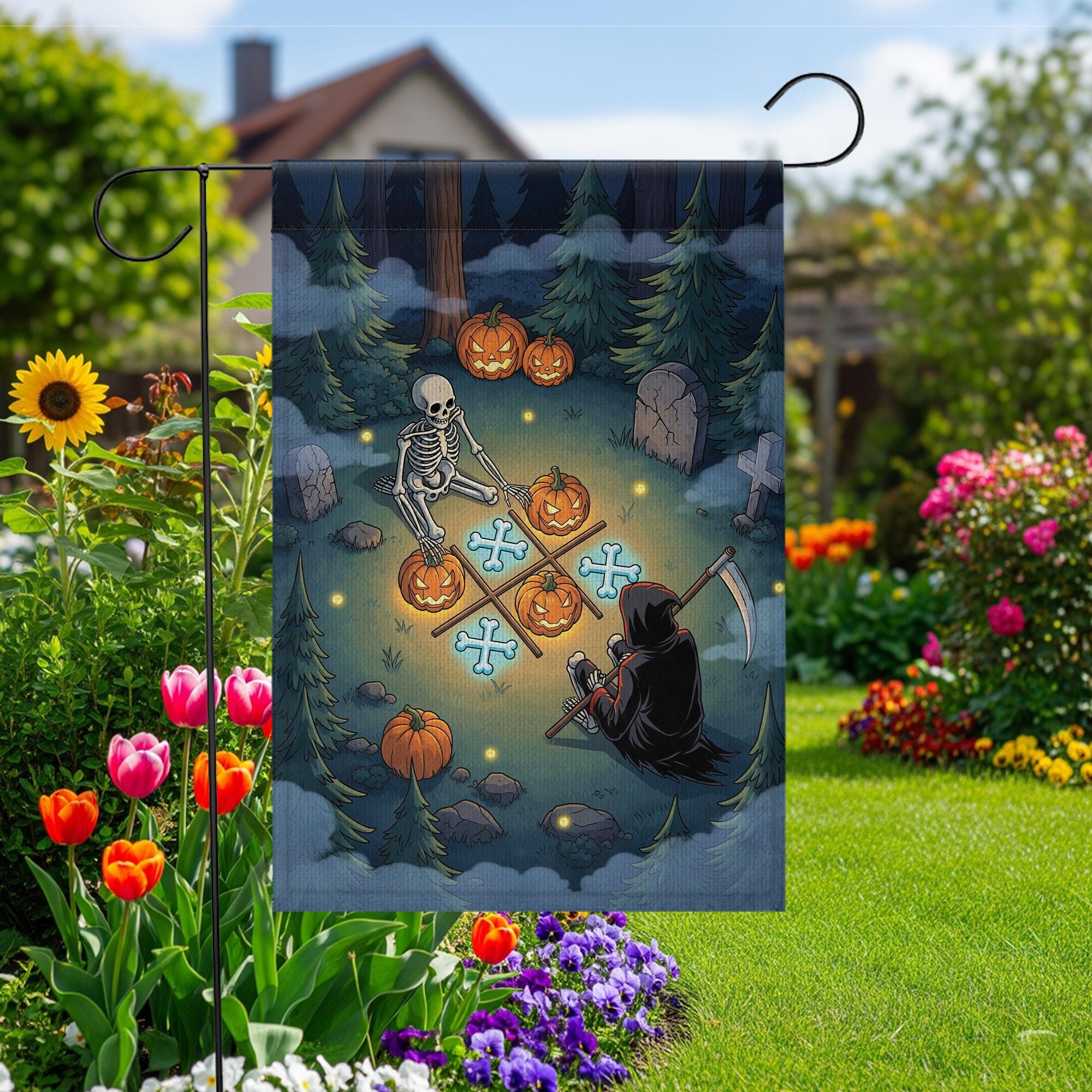 Halloween Garden Flag Grim Reaper & Skeleton | Funny Spooky Yard Decor | Fall Outdoor Graveyard Scene with Pumpkins