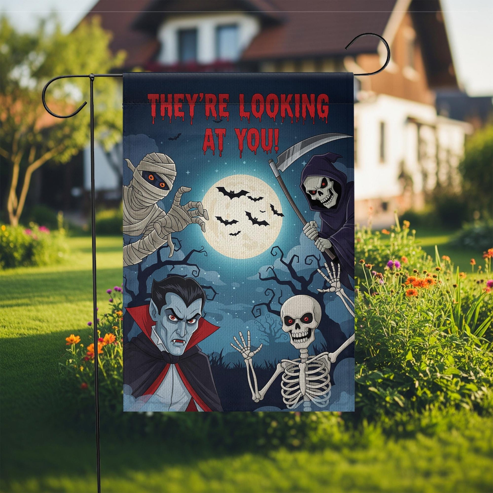 Halloween Garden Flag with Vampire Skeleton Grim Reaper Mummy | Spooky Outdoor Yard Decor