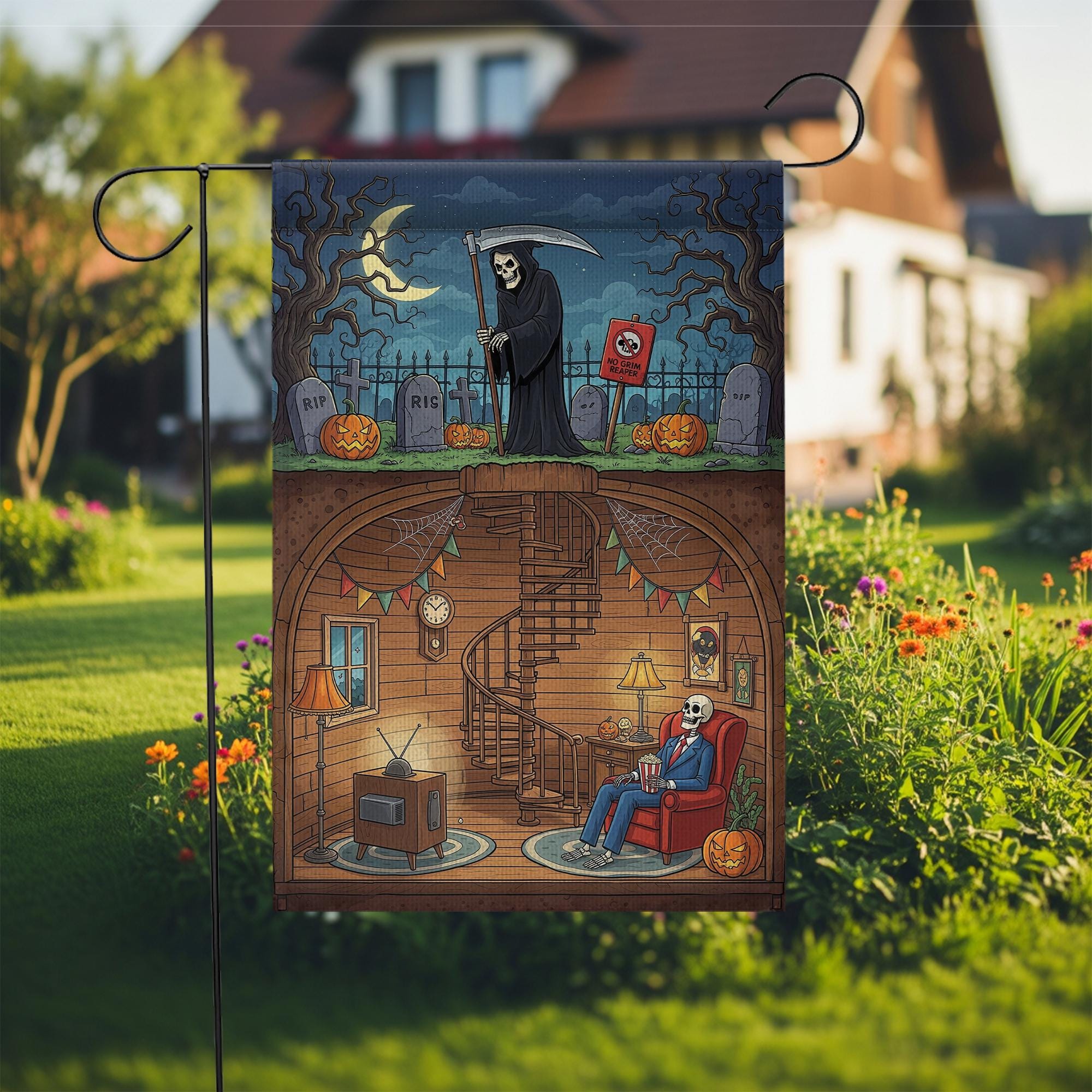 Funny Grim Reaper Halloween Garden Flag | Skeleton Basement Decor | Spooky Outdoor Yard Flag
