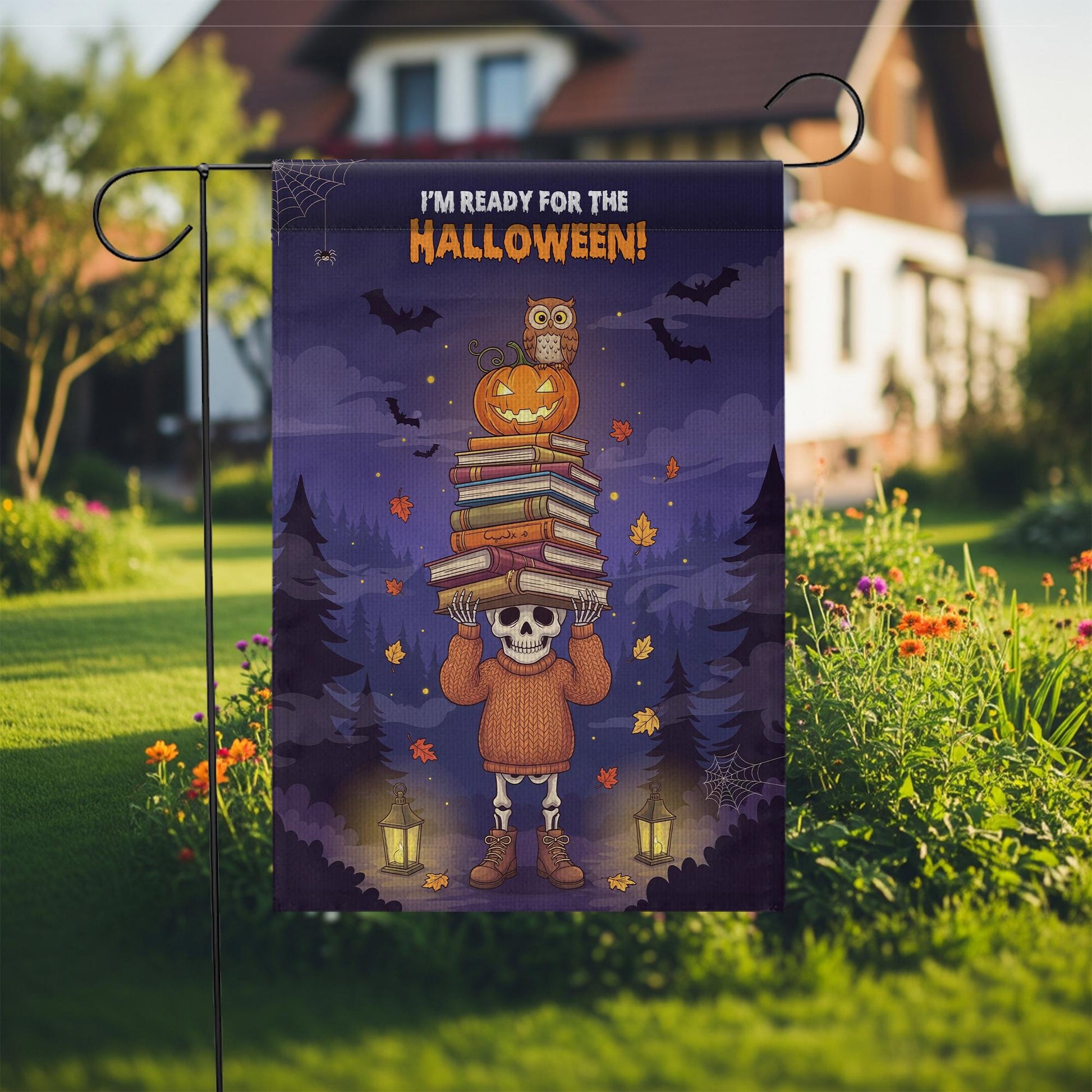 Cute Skeleton Halloween Garden Flag | Pumpkin Owl Book Stack Fall Yard Decor | Spooky Autumn Banner