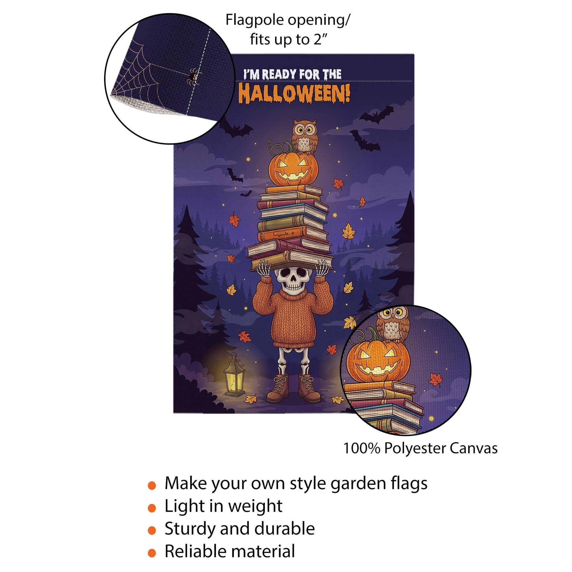 Cute Skeleton Halloween Garden Flag | Pumpkin Owl Book Stack Fall Yard Decor | Spooky Autumn Banner