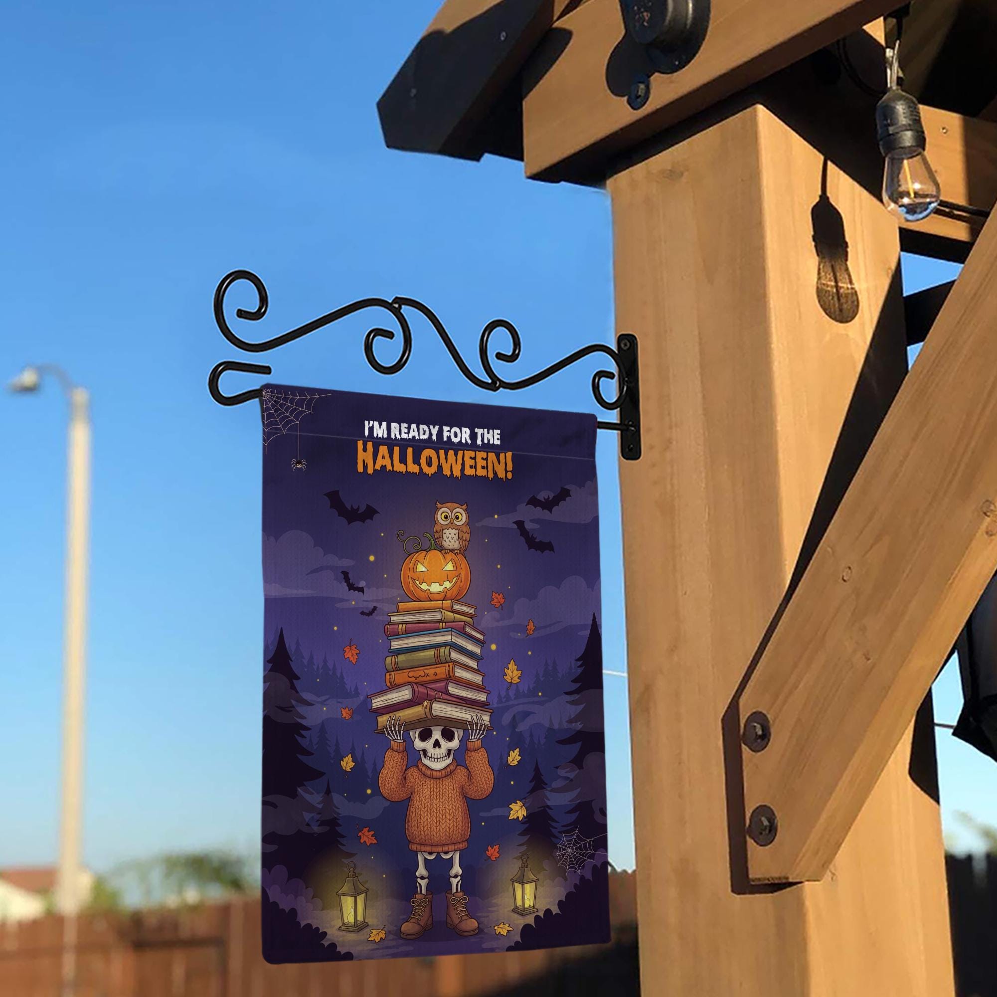 Cute Skeleton Halloween Garden Flag | Pumpkin Owl Book Stack Fall Yard Decor | Spooky Autumn Banner