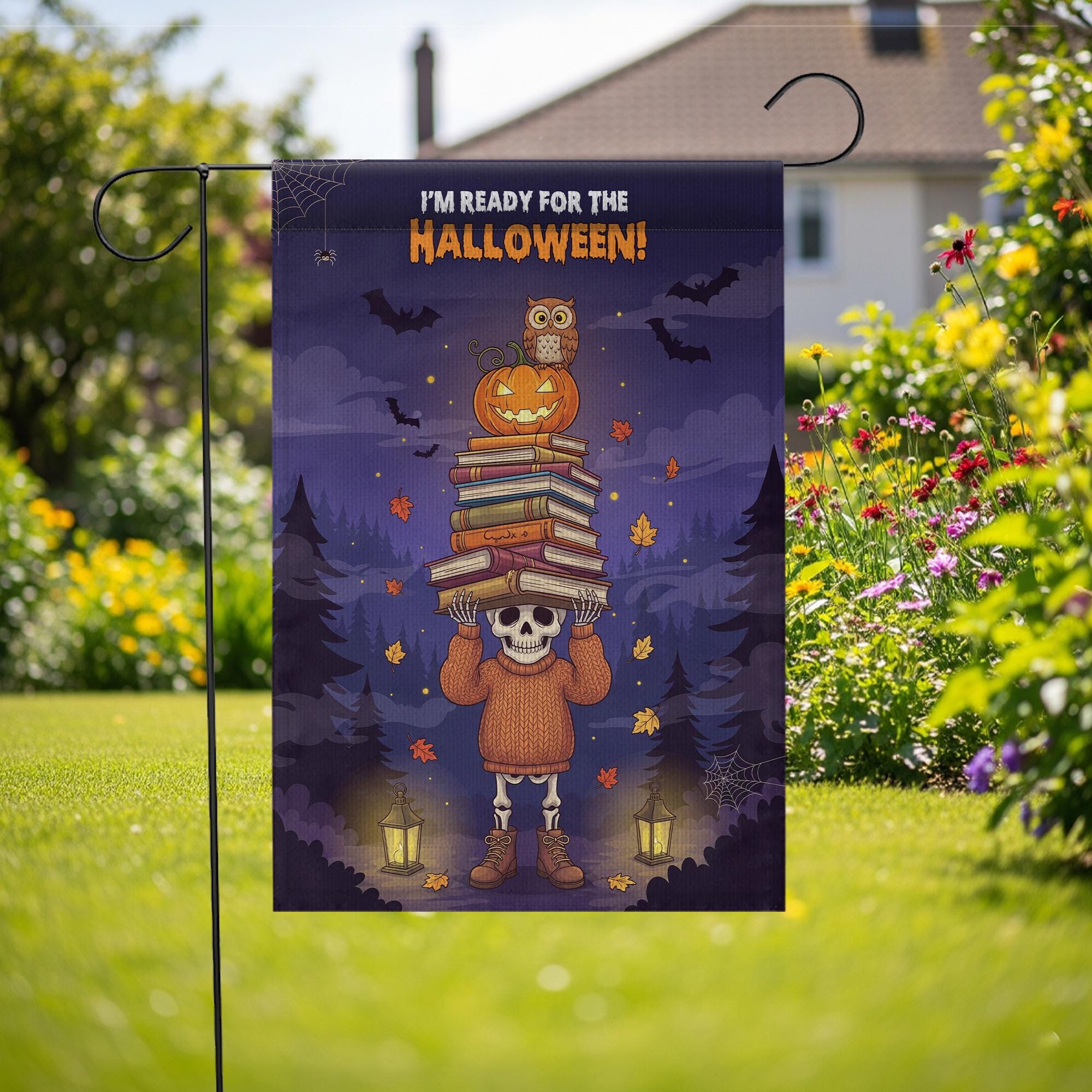 Cute Skeleton Halloween Garden Flag | Pumpkin Owl Book Stack Fall Yard Decor | Spooky Autumn Banner
