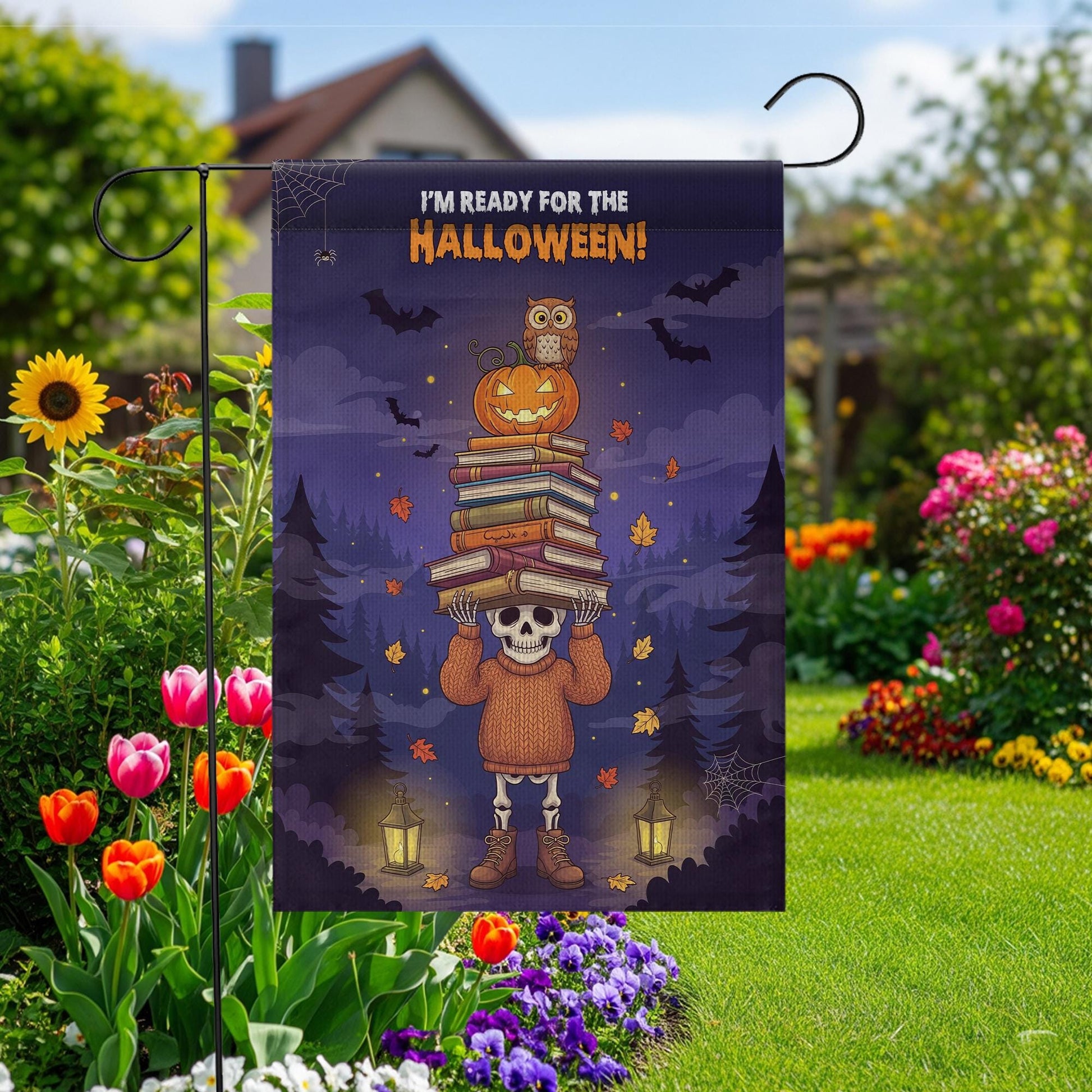 Cute Skeleton Halloween Garden Flag | Pumpkin Owl Book Stack Fall Yard Decor | Spooky Autumn Banner