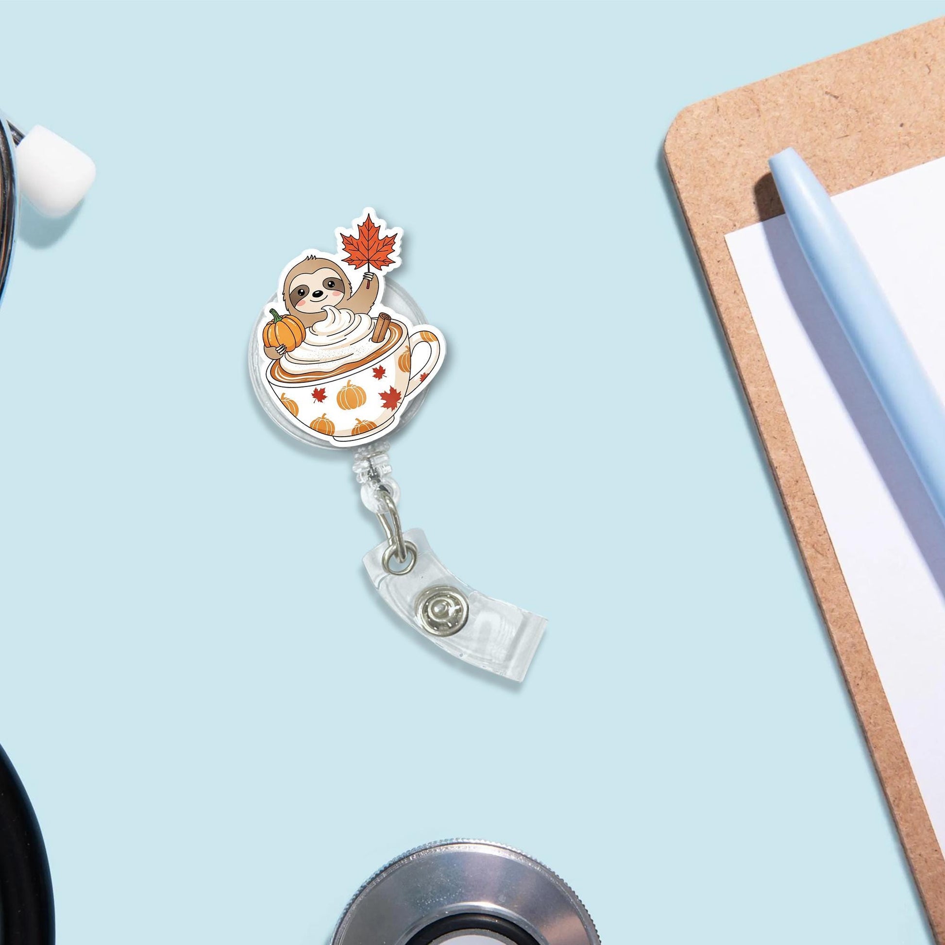 Sloth Pumpkin Spice Badge Reel – Cute Autumn Coffee Cup ID Holder, Fall Sloth Retractable Name Tag for Nurse or Teacher