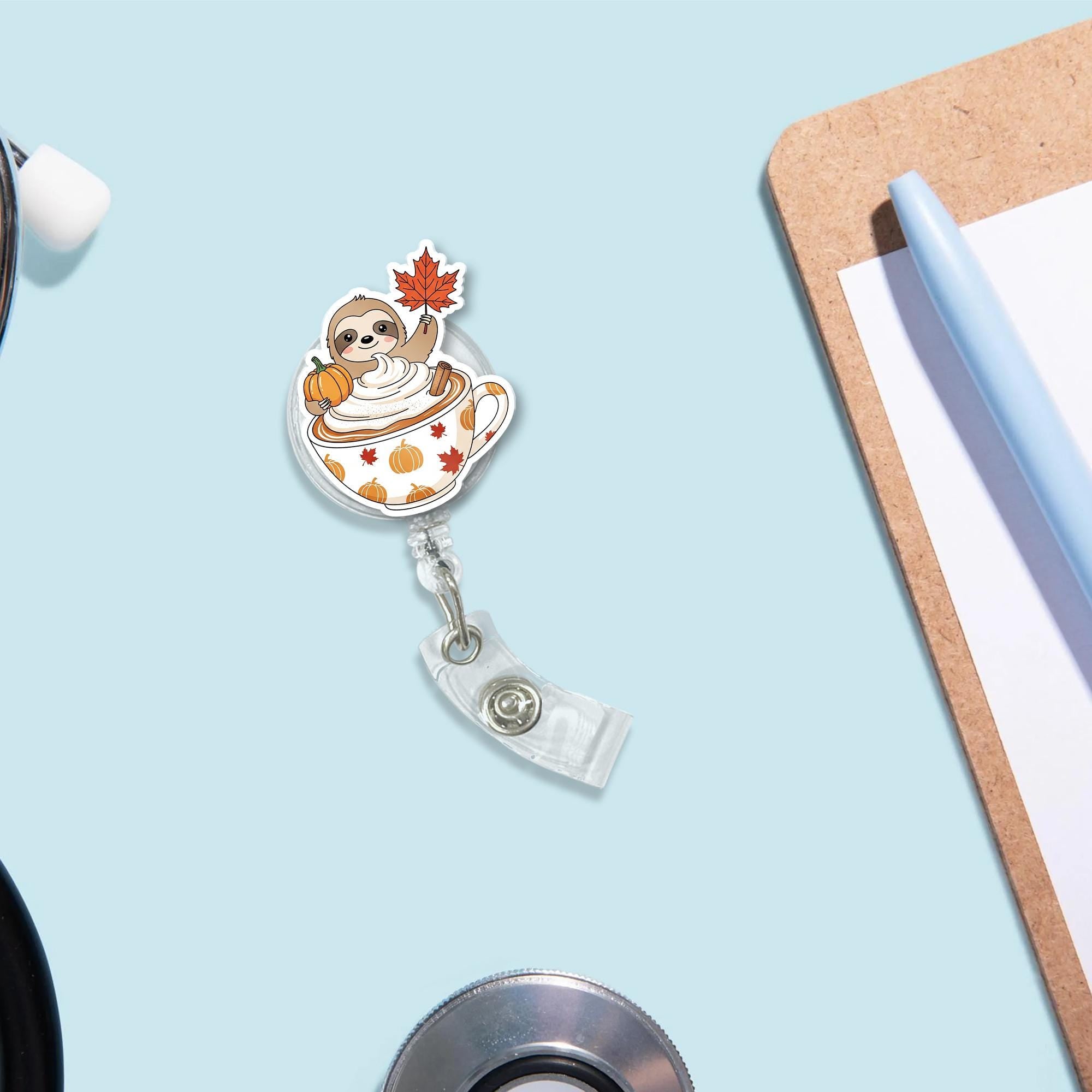 Sloth Pumpkin Spice Badge Reel – Cute Autumn Coffee Cup ID Holder, Fall Sloth Retractable Name Tag for Nurse or Teacher