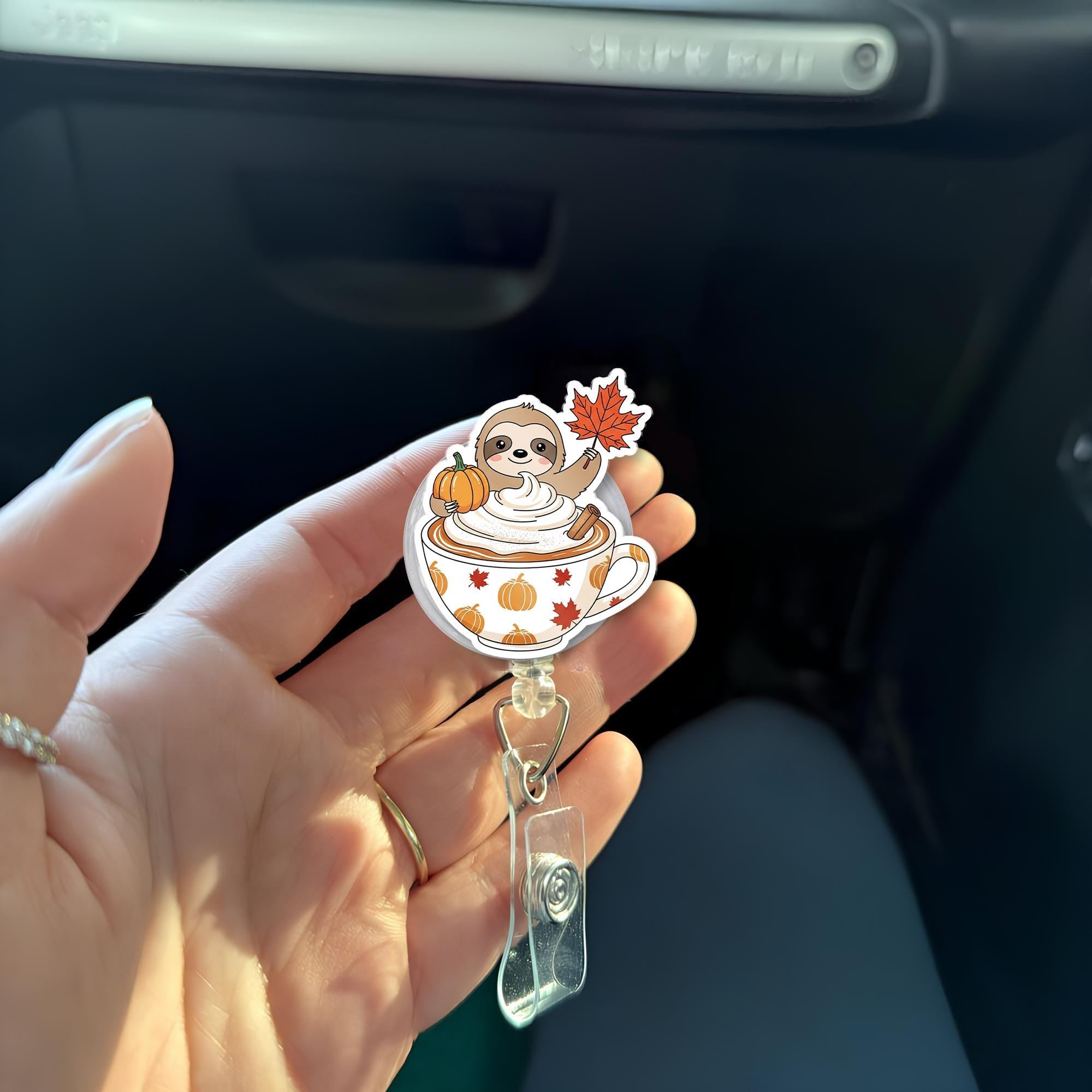Sloth Pumpkin Spice Badge Reel – Cute Autumn Coffee Cup ID Holder, Fall Sloth Retractable Name Tag for Nurse or Teacher