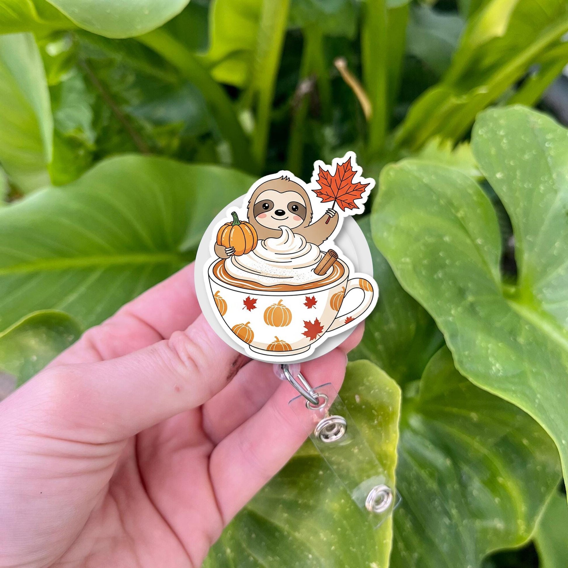 Sloth Pumpkin Spice Badge Reel – Cute Autumn Coffee Cup ID Holder, Fall Sloth Retractable Name Tag for Nurse or Teacher