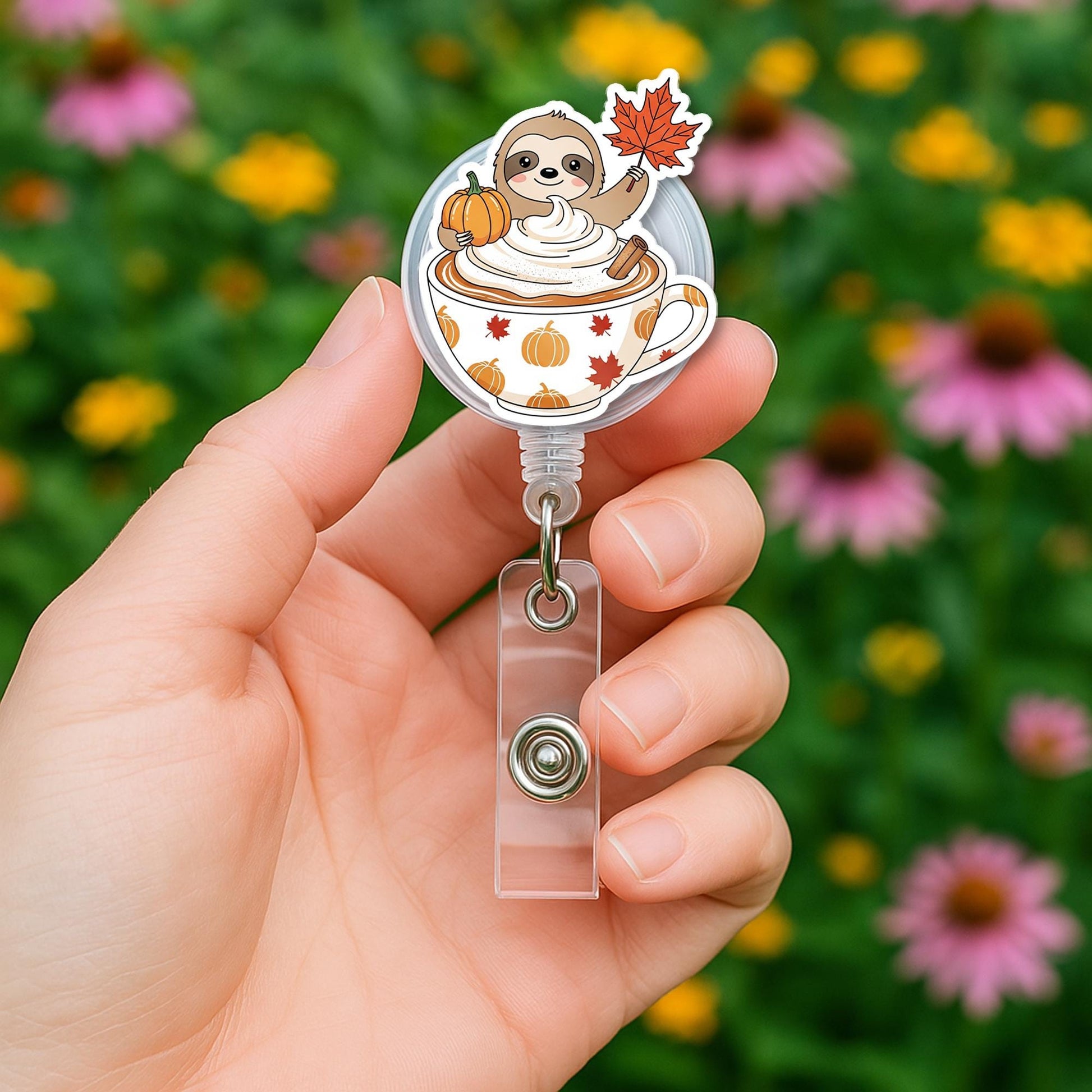 Sloth Pumpkin Spice Badge Reel – Cute Autumn Coffee Cup ID Holder, Fall Sloth Retractable Name Tag for Nurse or Teacher