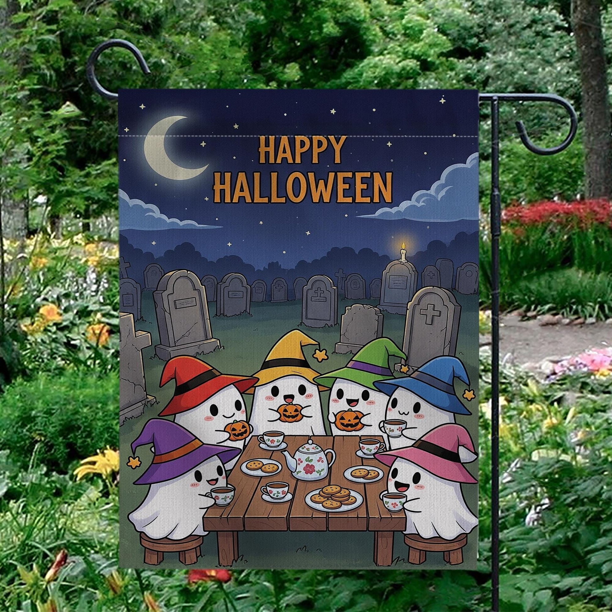 Cute Ghost Halloween Garden Flag, Spooky Ghosts with Hats, Halloween Yard Decor, Haunted House Decor, Fall Porch Decor, Trick or Treat Flag