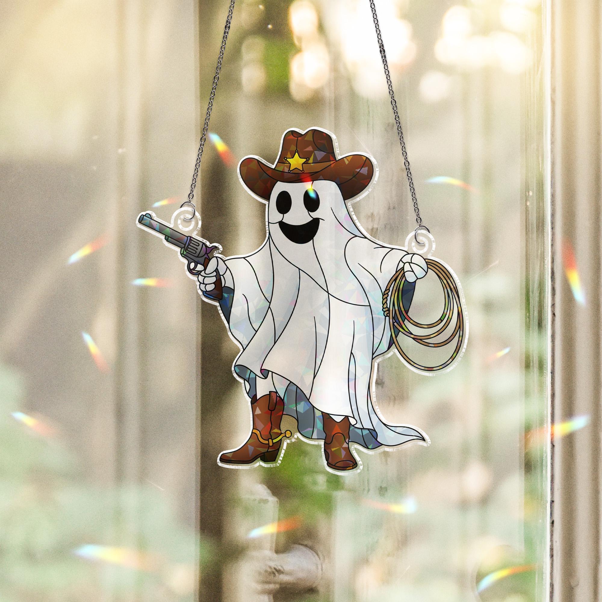 Cowboy Ghost Holographic Window Hanging – Western Halloween Sun Catcher, Spooky Sheriff Ghost Lasso & Gun Prism Decor