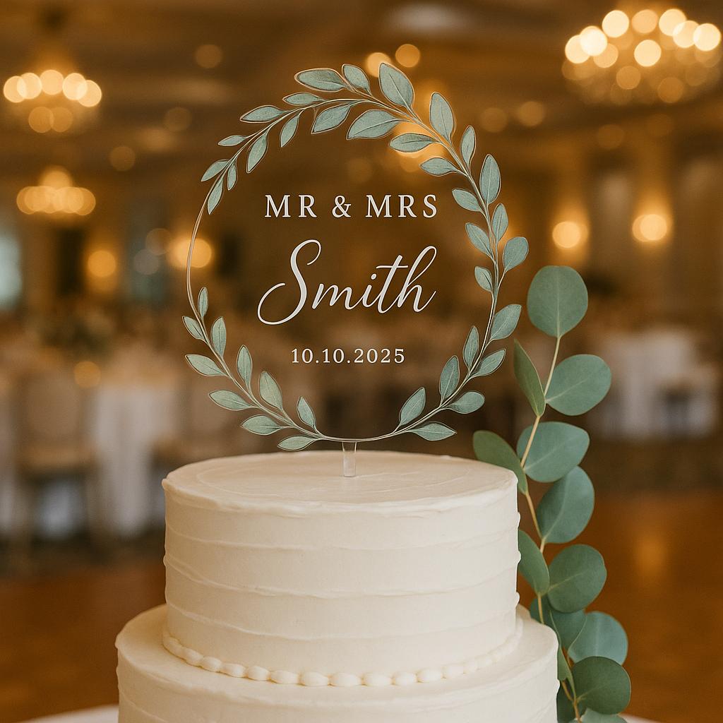 Personalized Wedding Cake Topper – Custom Mr & Mrs Name with Date – Elegant Greenery Acrylic Circle for Rustic or Modern Weddings