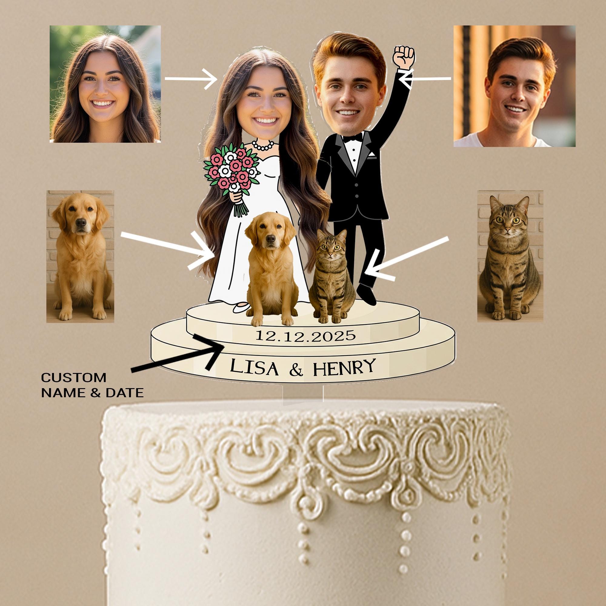 Custom Photo Wedding Cake Topper – Personalized Bride & Groom with Pets – Unique Cartoon Couple Figurine with Names and Date