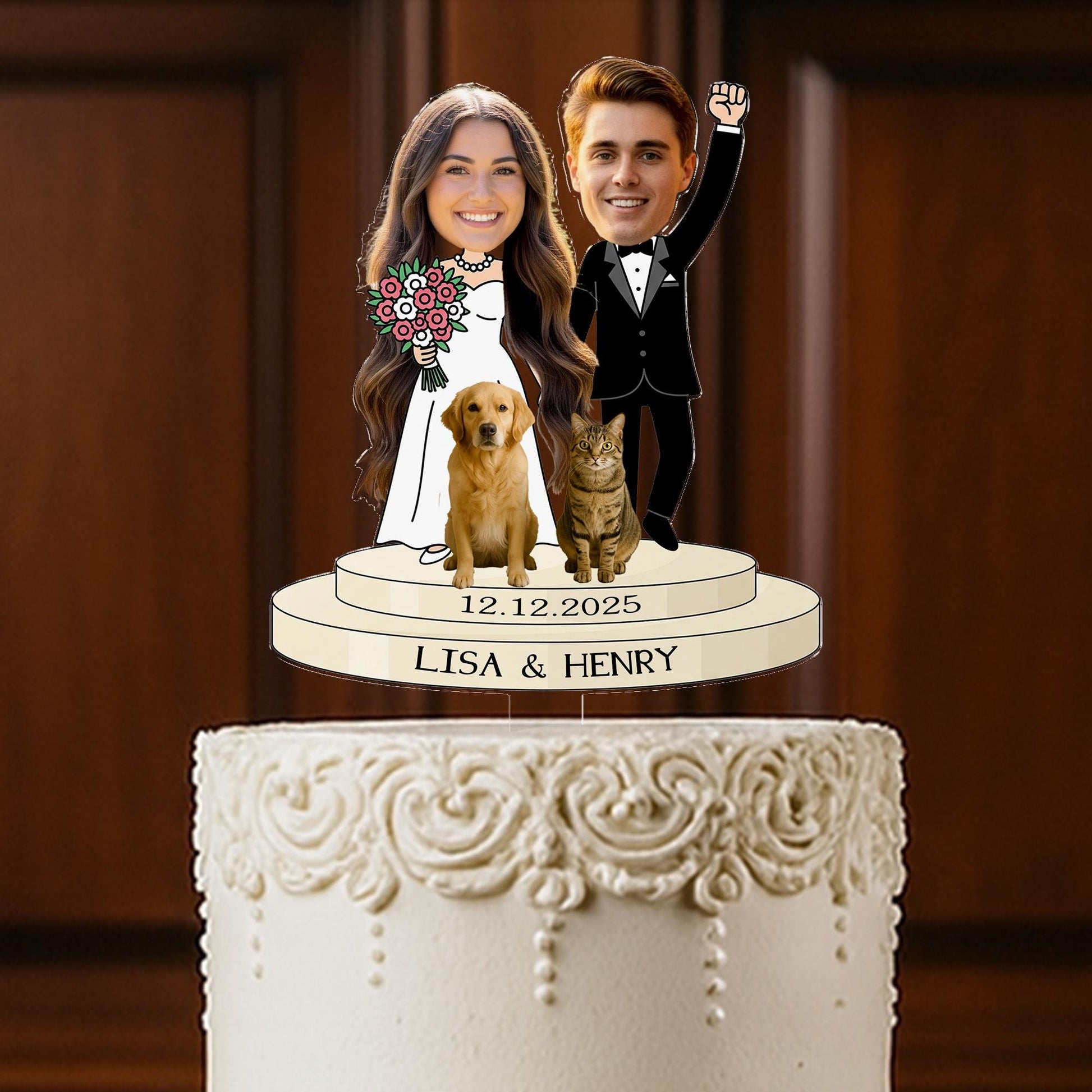 Custom Photo Wedding Cake Topper – Personalized Bride & Groom with Pets – Unique Cartoon Couple Figurine with Names and Date