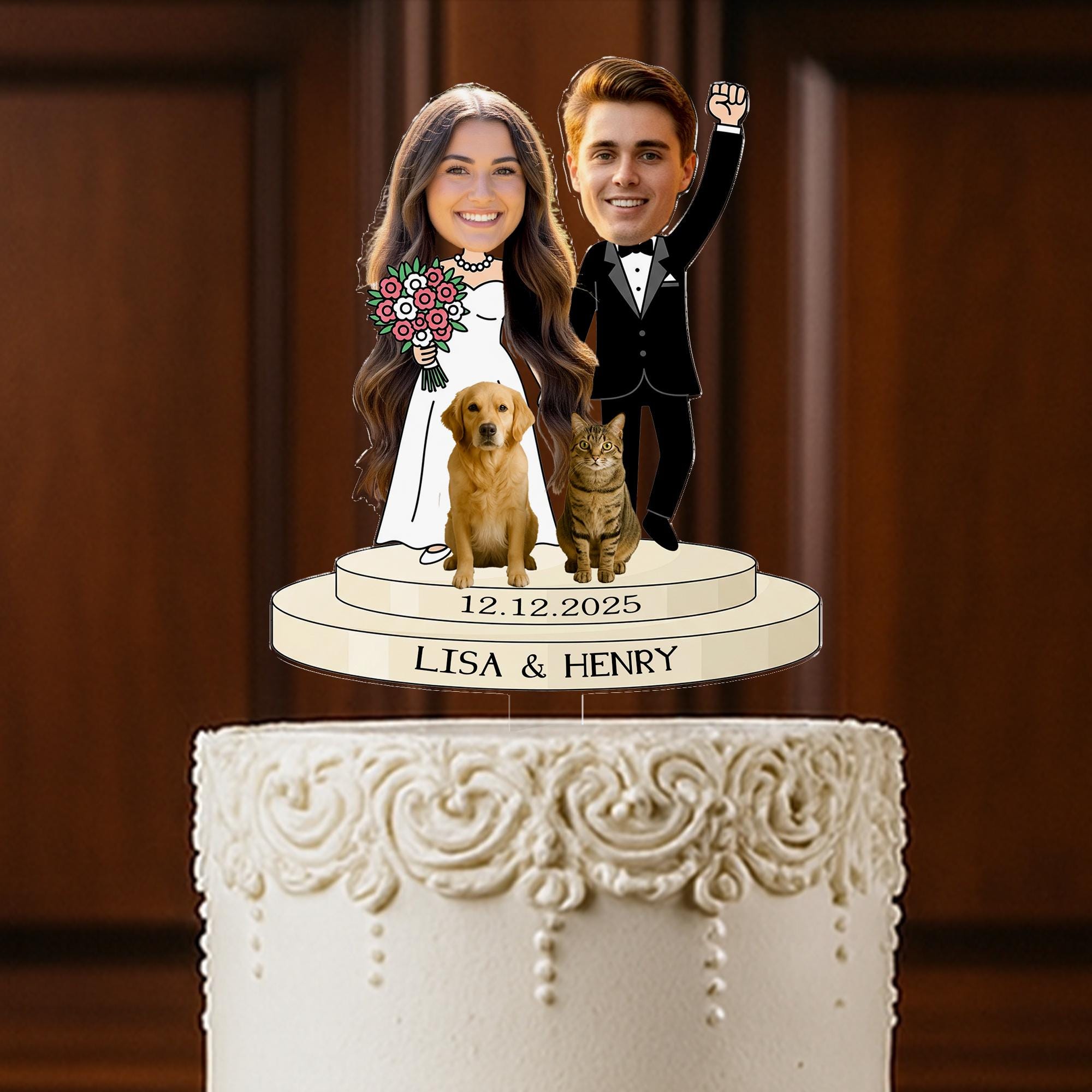Custom Photo Wedding Cake Topper – Personalized Bride & Groom with Pets – Unique Cartoon Couple Figurine with Names and Date