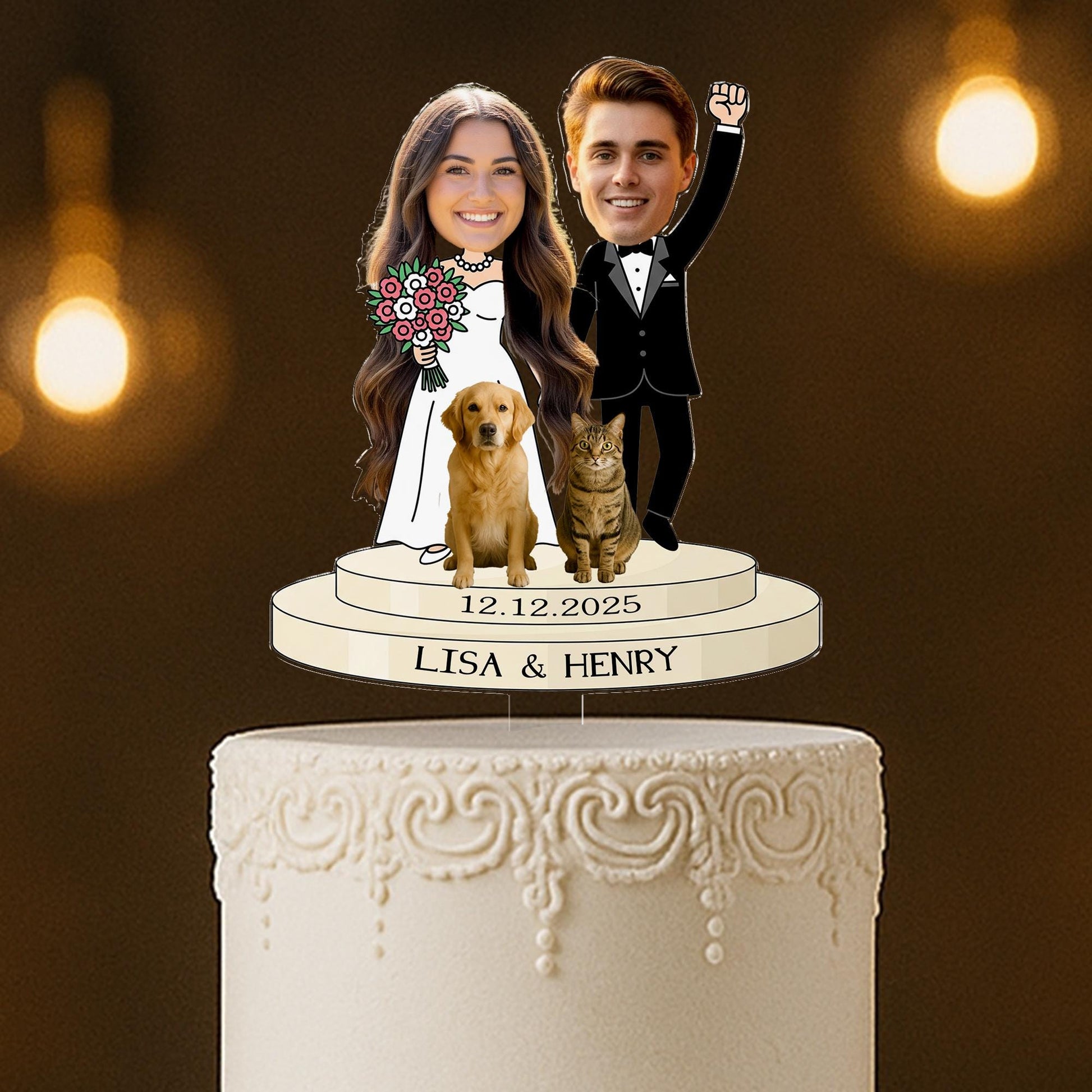 Custom Photo Wedding Cake Topper – Personalized Bride & Groom with Pets – Unique Cartoon Couple Figurine with Names and Date