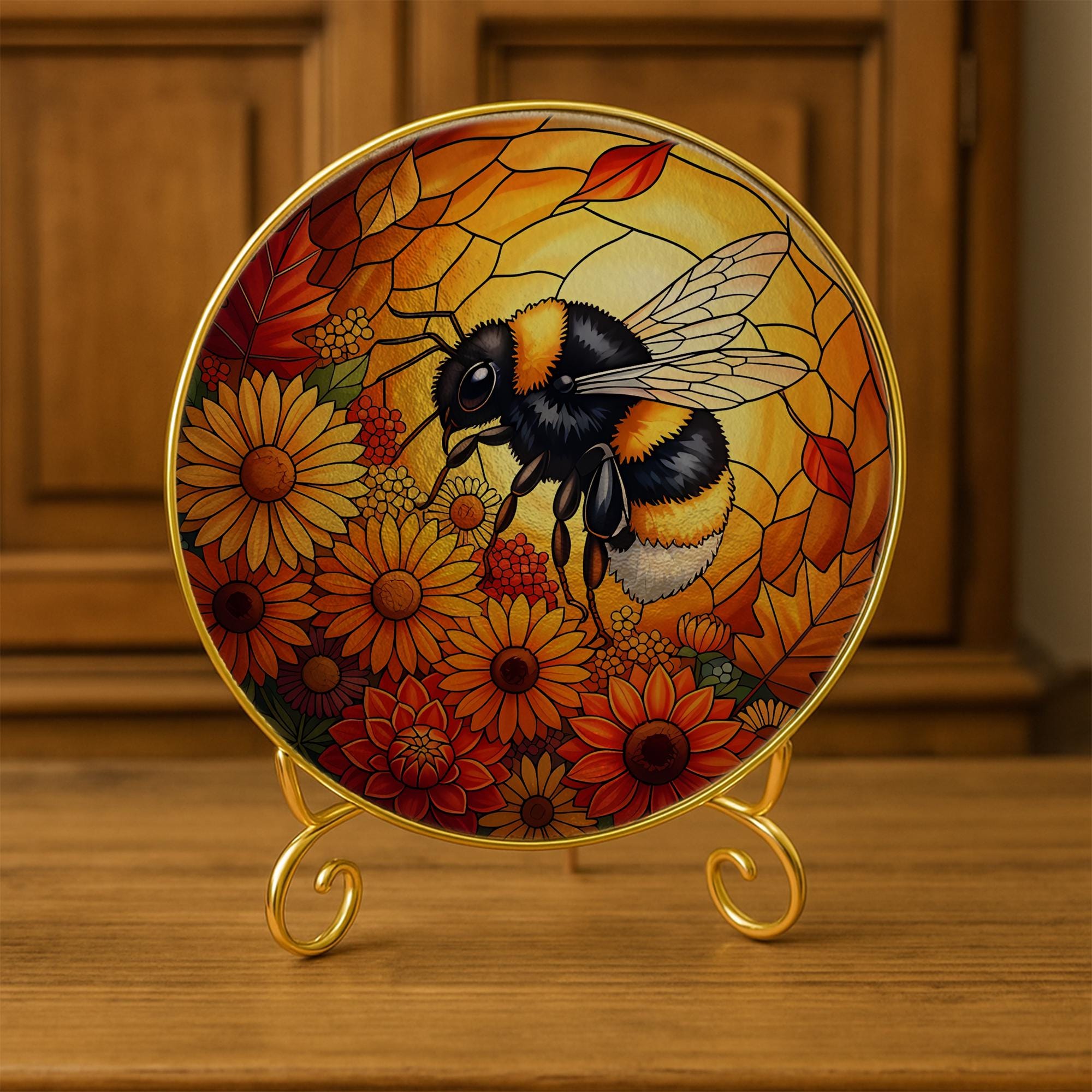 Glass Bee Suncatcher: Sunflower Window Hanging, Autumn Decor