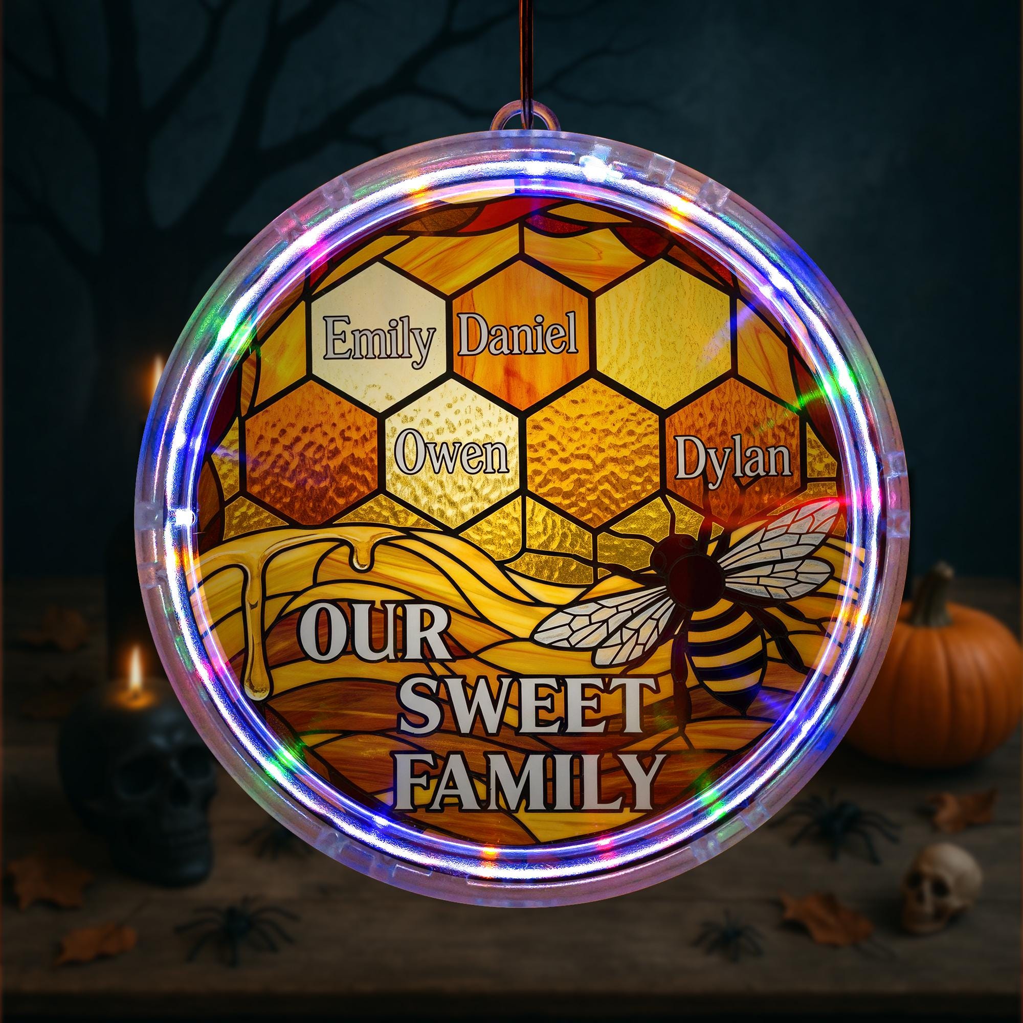 Personalized Bee Family LED Light – Custom ACRYLIC Honeycomb Suncatcher, Our Sweet Family Grandma Gift, Beehive Wall Hanging Decor
