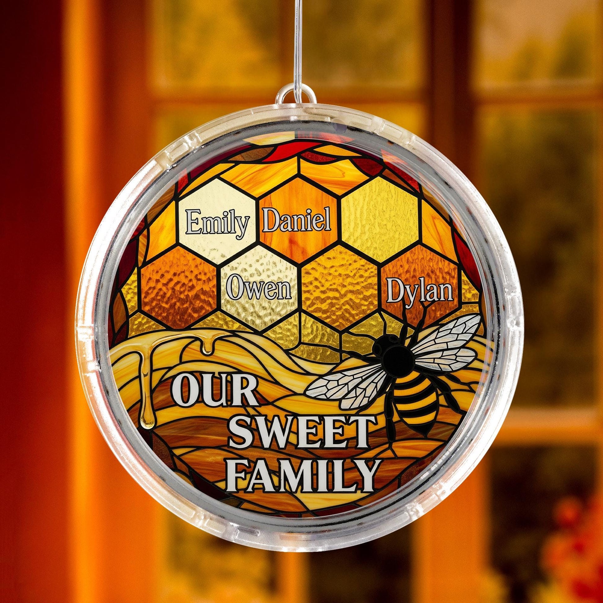 Personalized Bee Family LED Light – Custom ACRYLIC Honeycomb Suncatcher, Our Sweet Family Grandma Gift, Beehive Wall Hanging Decor