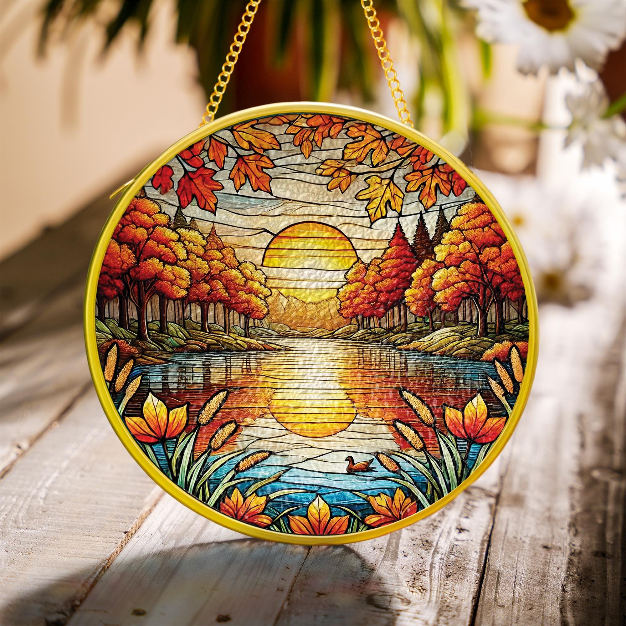 Autumn Sunset Glass Suncatcher – Fall Glass Window Hanging, Nature Landscape Home Decor, Rustic Cabin Sun Catcher