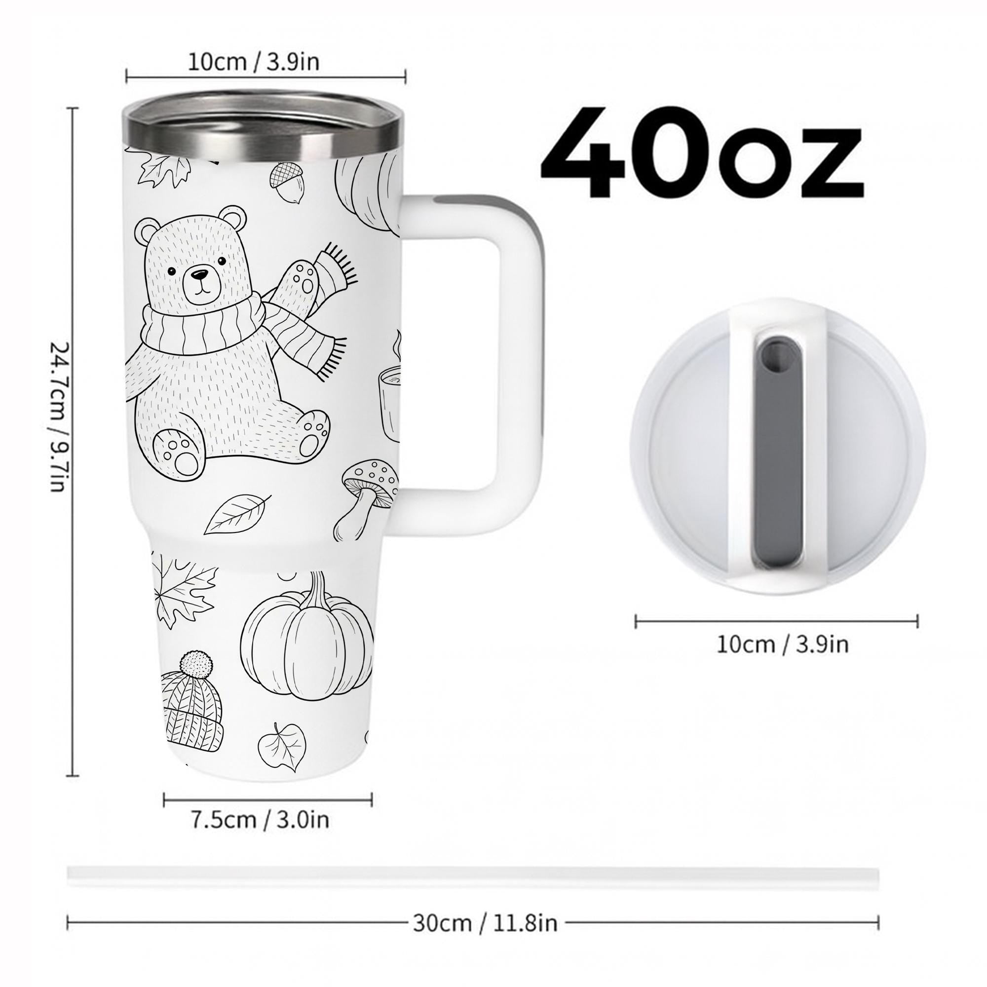 40 oz Fall Tumbler with Handle, Cute Bear Tumbler, Pumpkin Autumn Travel Tumbler, Color Your Own Tumbler, Cozy Gift for Her, Fall Tumbler
