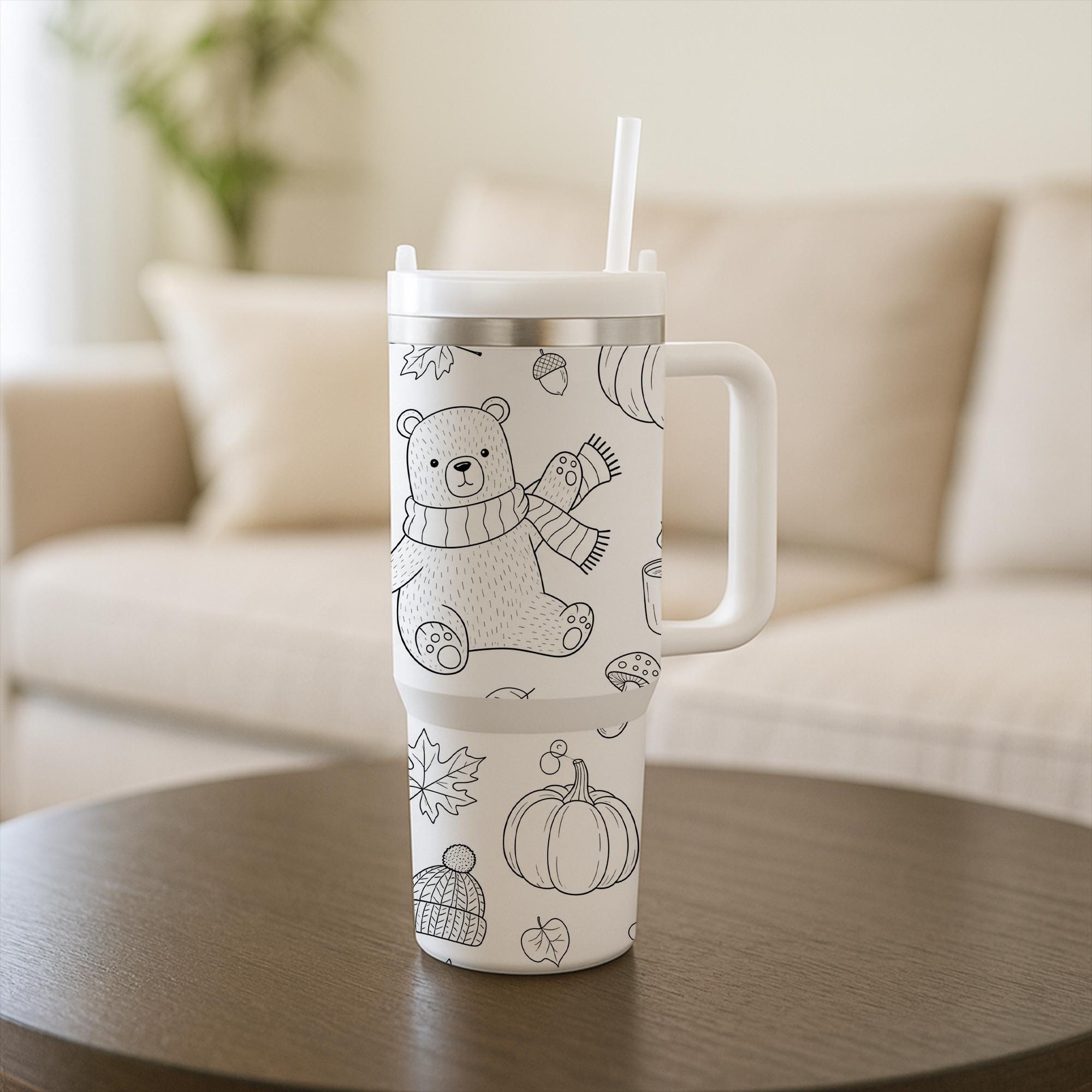 40 oz Fall Tumbler with Handle, Cute Bear Tumbler, Pumpkin Autumn Travel Tumbler, Color Your Own Tumbler, Cozy Gift for Her, Fall Tumbler