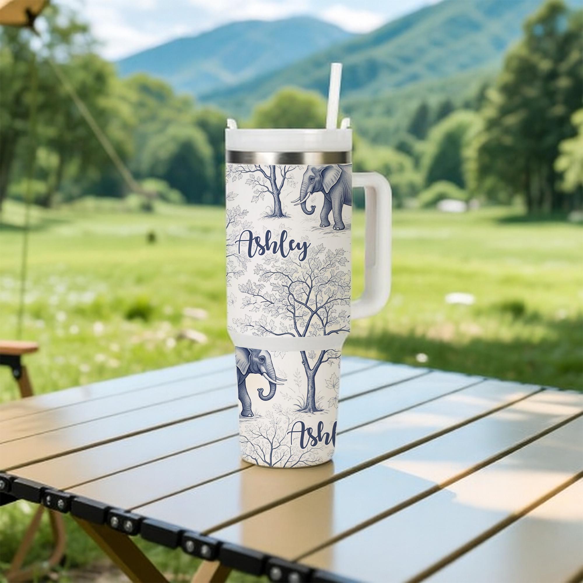 40 oz Elephant Tumbler with Handle, Personalized Name Tumbler, Custom Safari Tumbler, Large Travel Tumbler, Unique Gift for Her
