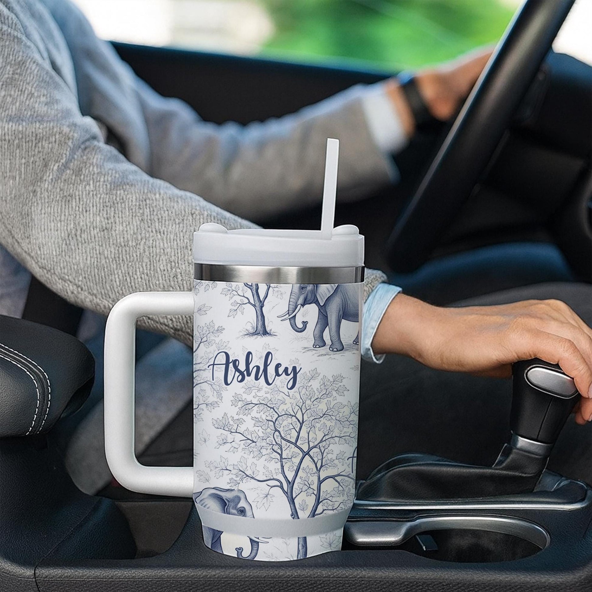 40 oz Elephant Tumbler with Handle, Personalized Name Tumbler, Custom Safari Tumbler, Large Travel Tumbler, Unique Gift for Her