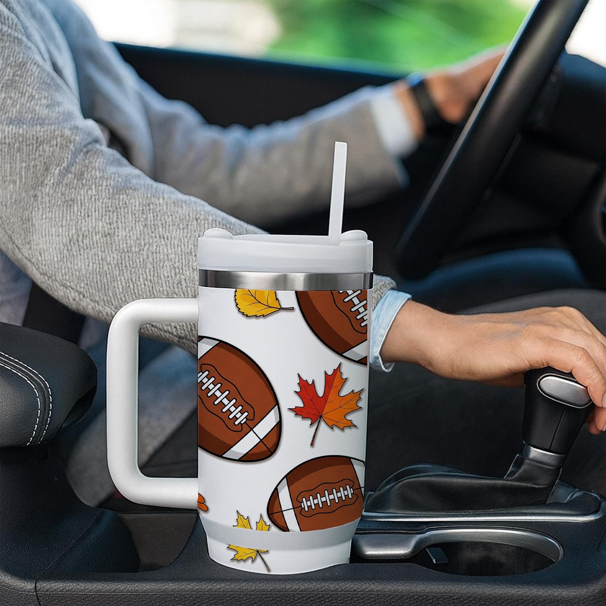 40 oz Football Tumbler with Handle, Fall Sports Tumbler , Autumn Leaves Travel Tumbler , Large Game Day Drink Tumbler, Gift for Him or Her