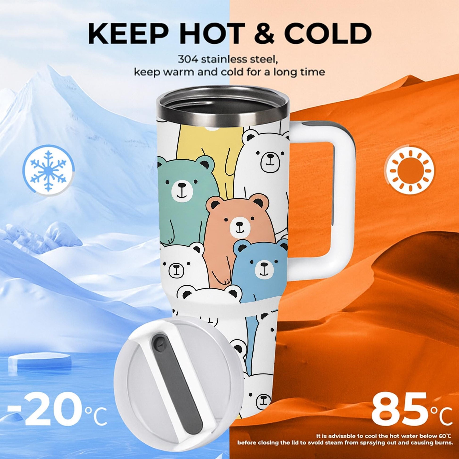 40 oz Bear Tumbler with Handle, Cute Pastel Animal Tumbler , Kawaii Tumbler , Large Travel Tumbler, Colorful Gift for Her or Him, Bear Lover