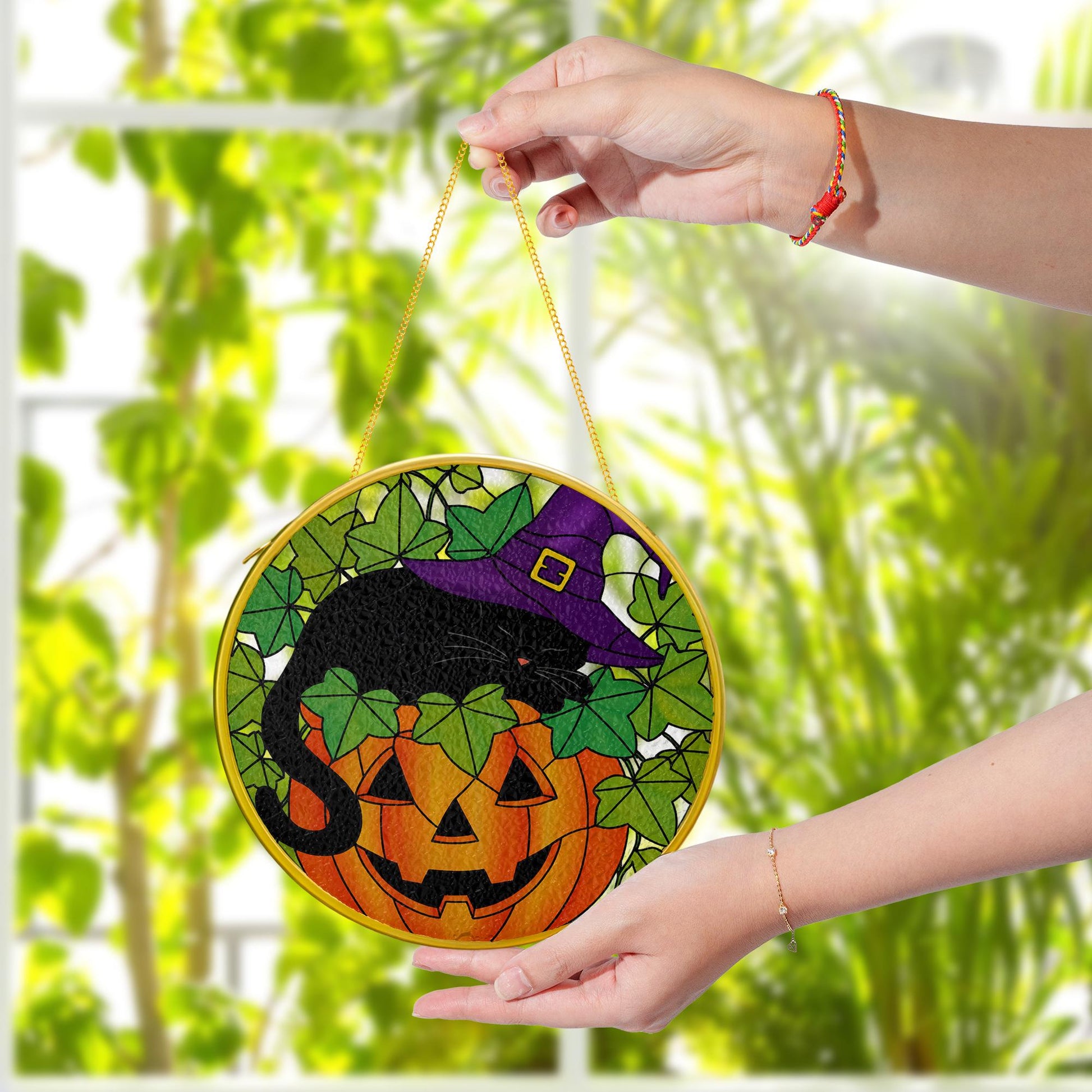 Black Cat Pumpkin Glass Suncatcher – FAUX Stained Glass Halloween Window Hanging – Witch Hat Kitty Fall Home Decor