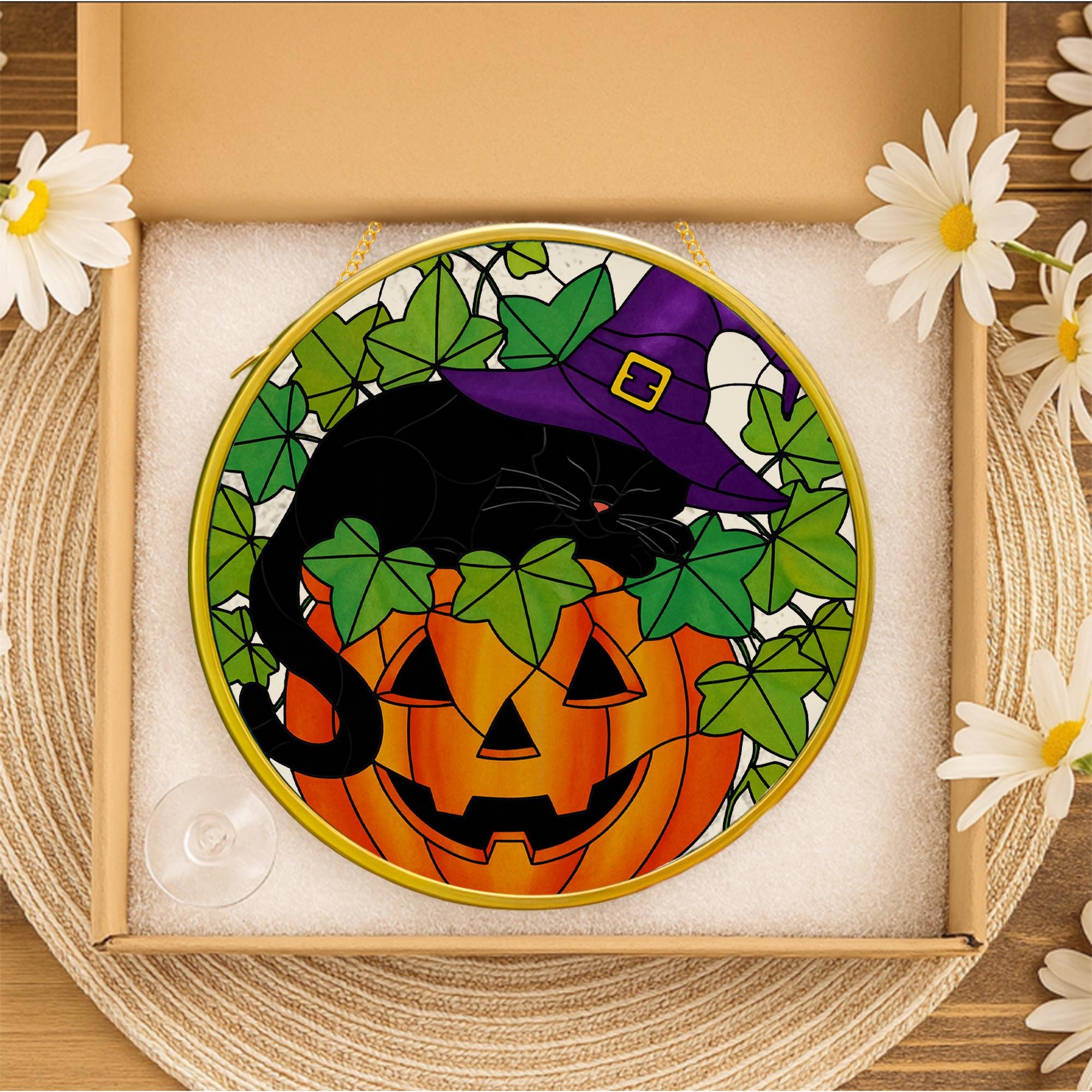 Black Cat Pumpkin Glass Suncatcher – FAUX Stained Glass Halloween Window Hanging – Witch Hat Kitty Fall Home Decor