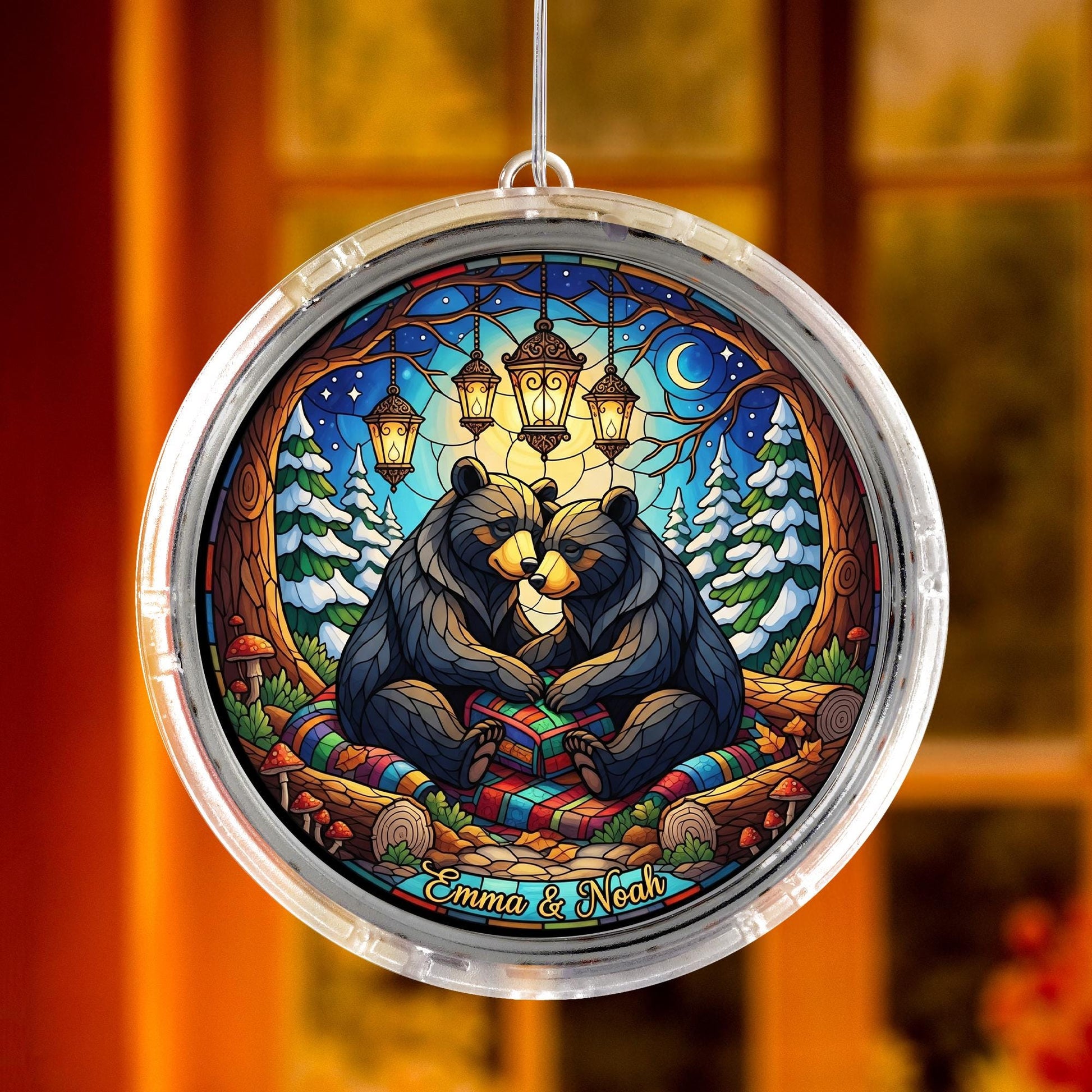 LED Bear Suncatcher with Lights, Personalized Stained Glass Hanging, Custom Forest Window Decor, Unique Couple Gift for Home