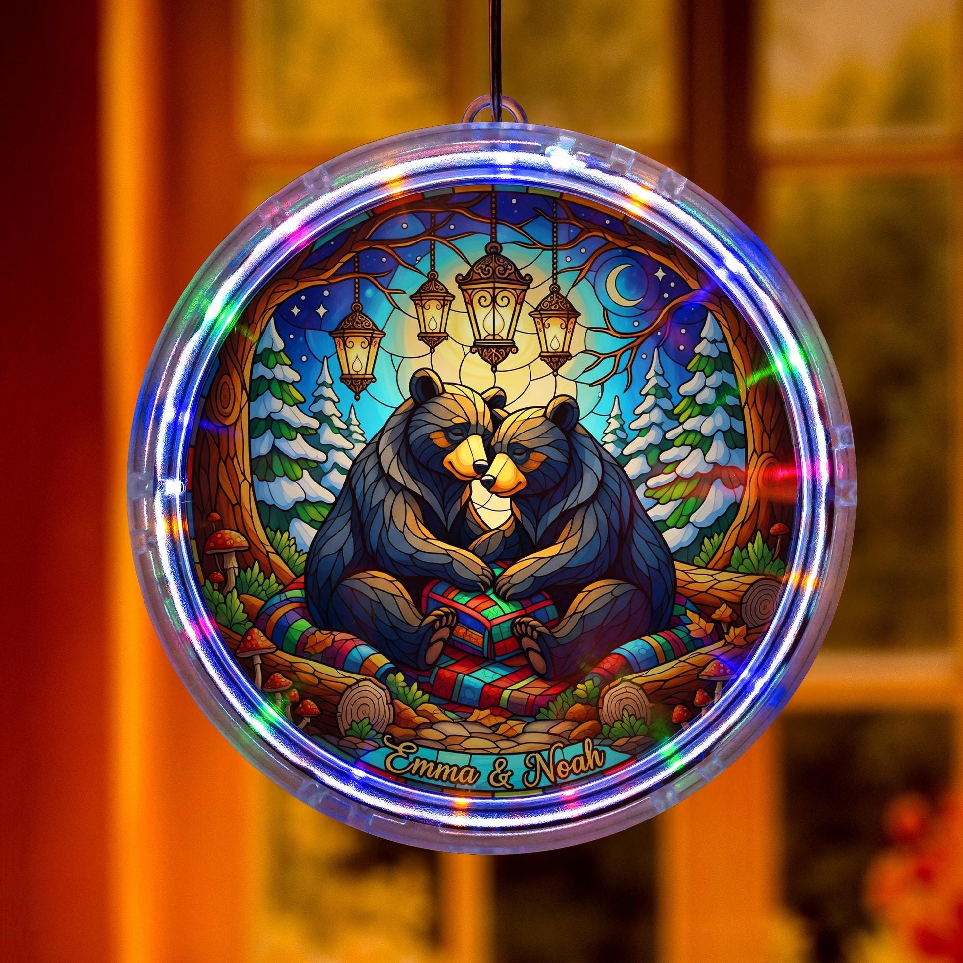 LED Bear Suncatcher with Lights, Personalized Stained Glass Hanging, Custom Forest Window Decor, Unique Couple Gift for Home