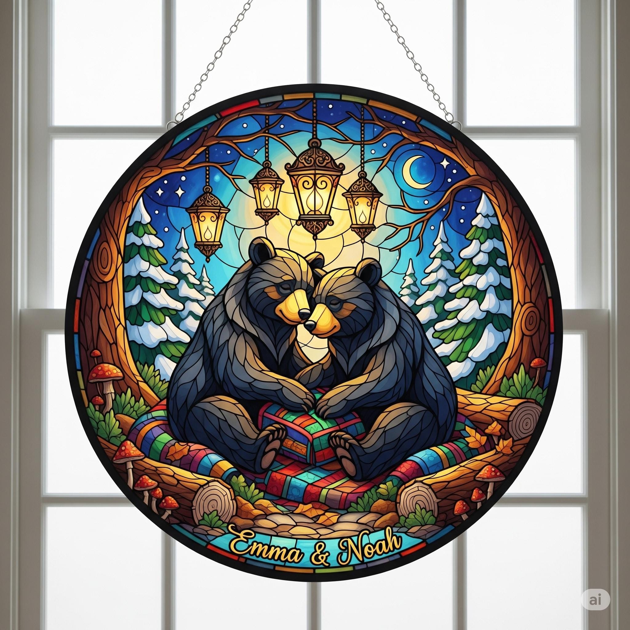 LED Bear Suncatcher with Lights, Personalized Stained Glass Hanging, Custom Forest Window Decor, Unique Couple Gift for Home
