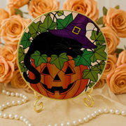 Black Cat Pumpkin Glass Suncatcher – FAUX Stained Glass Halloween Window Hanging – Witch Hat Kitty Fall Home Decor