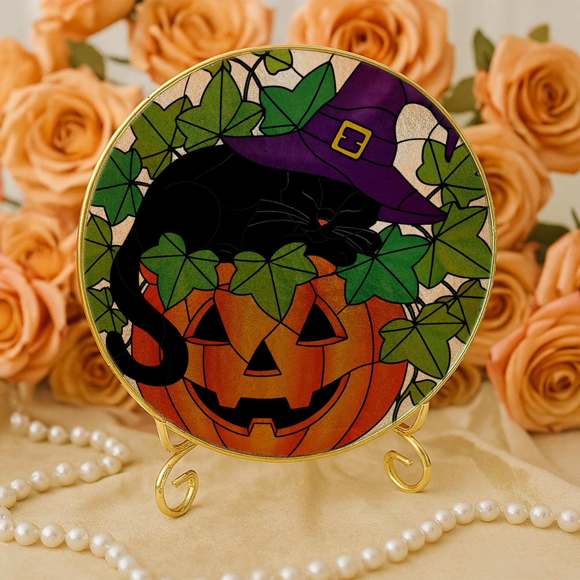 Black Cat Pumpkin Glass Suncatcher – FAUX Stained Glass Halloween Window Hanging – Witch Hat Kitty Fall Home Decor