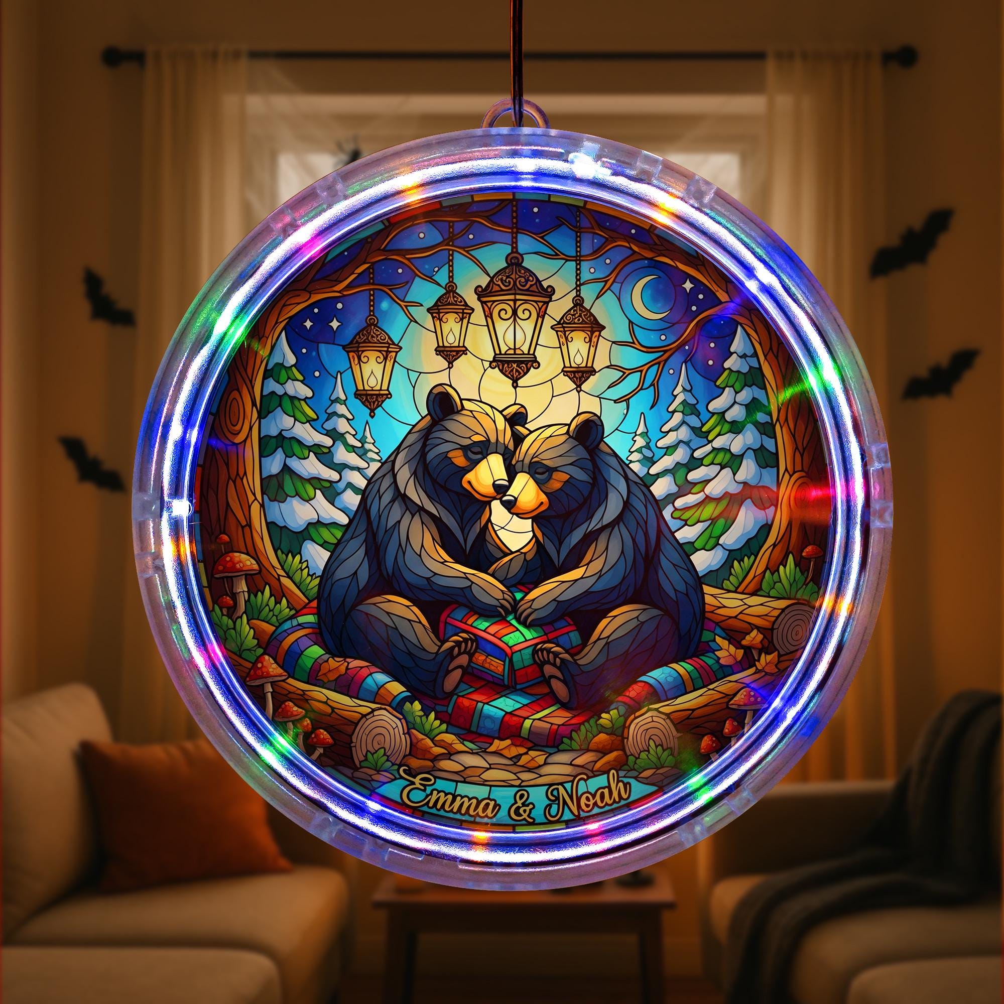 LED Bear Suncatcher with Lights, Personalized Stained Glass Hanging, Custom Forest Window Decor, Unique Couple Gift for Home