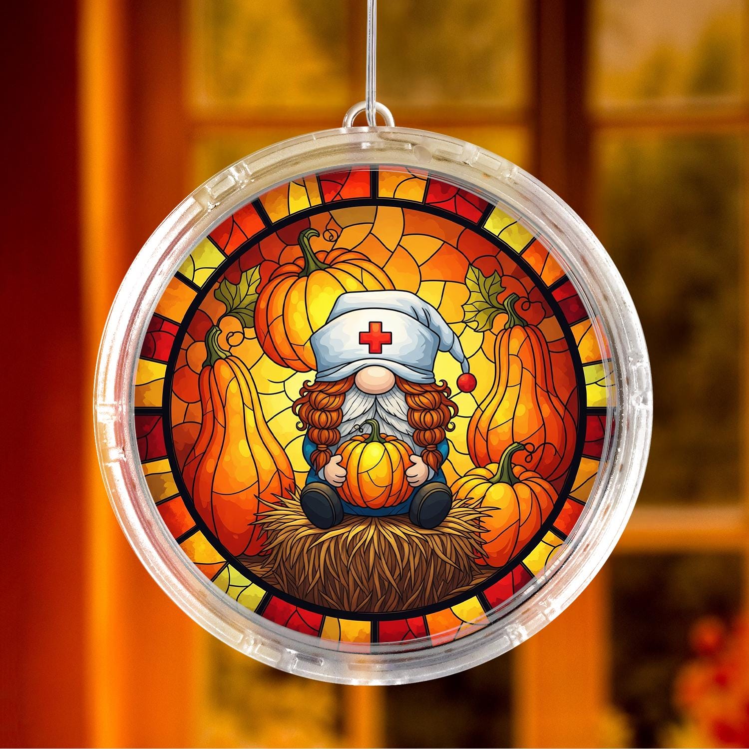 LED Suncatcher, Pumpkin Harvest Gnome Window Hanging, Nurse Hat Autumn Decor, Nurse Gift Fall Sun Catcher, Fall Decor Gift