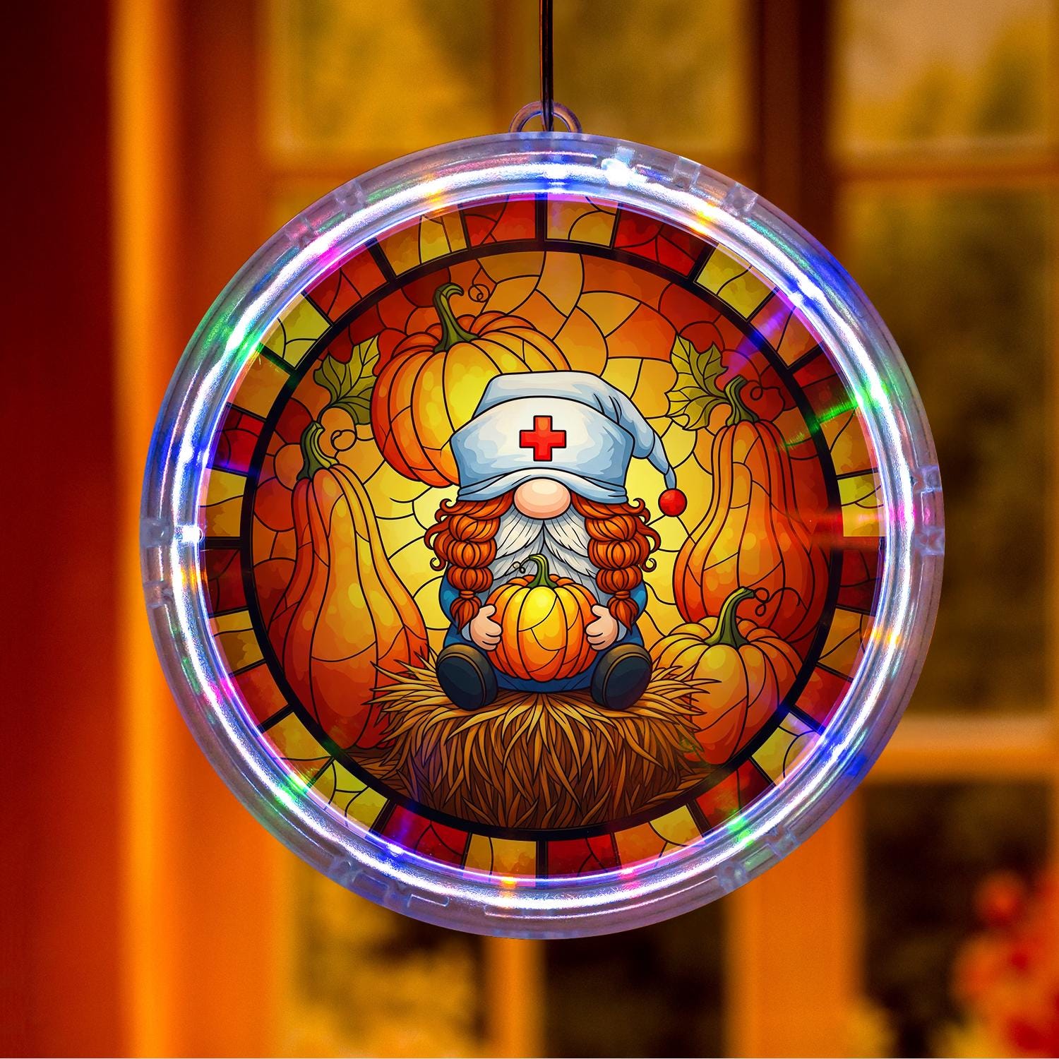 LED Suncatcher, Pumpkin Harvest Gnome Window Hanging, Nurse Hat Autumn Decor, Nurse Gift Fall Sun Catcher, Fall Decor Gift