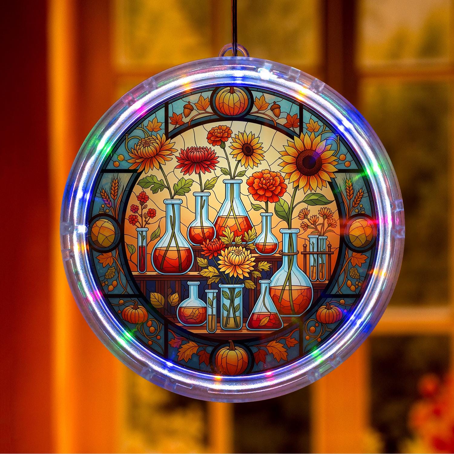LED Suncatcher, Fall Chemistry Lab Window Hanging, Floral Science Decor, Autumn Pumpkin Sun Catcher, Unique Teacher Gift, Doctor Gift